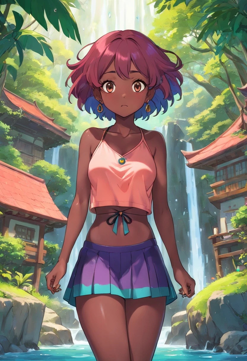 high-level image quality、6+Boys, Holding, Grab yours、kawaii, Tied shirt, Big breasts、Navel , gals,Unique hair color、Bright hair color、colourful hair、Open your clothes,a metalic bikini,Pink Check Ultra Mini Skirt、fishnet tights、Fancy makeup、((Dark skin:1.5)),(multicolored hair:1.2),((Tears flow, Crying in frustration))、Long necklaces and earrings, In the style of a tranquil garden landscape, colorful animation stills, paul gauguin, Embry style, Honest portrayal、