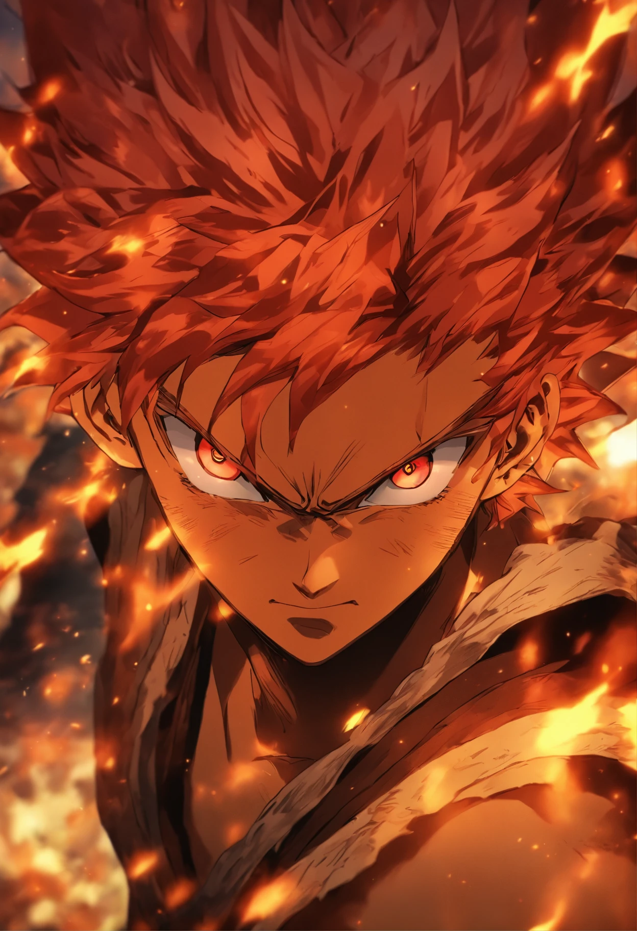 anime character with red hair and red eyes staring at the camera, an anime drawing by Shingei, tumblr, shin hanga, roguish smirk, portrait of hisoka hunter hunter, screenshot from black clover, handsome guy in demon slayer art, orange - haired anime boy, ichigo kurosaki, kentaro miura art style, 8k!