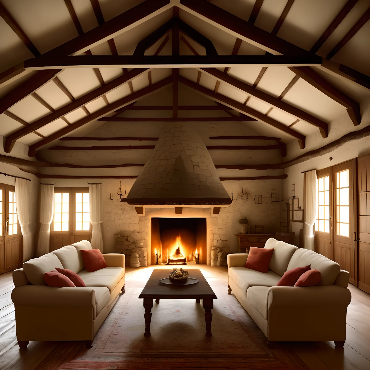 there is a living room with a fireplace and a couch, lareira aconchegante, interiores quentes, ambiente acolhedor e tranquilo, Atmoshpere aconchegante, aconchegante e calmo, sala de estar aconchegante, lareira tradicional, Cozy setting, Interior da vila francesa, atmosfera acolhedora, sala de estar quente, lugar aconchegante, muito aconchegante, rustic setting, Acolhedor, interior quente, interior medieval da casa de campo, cozy vibes