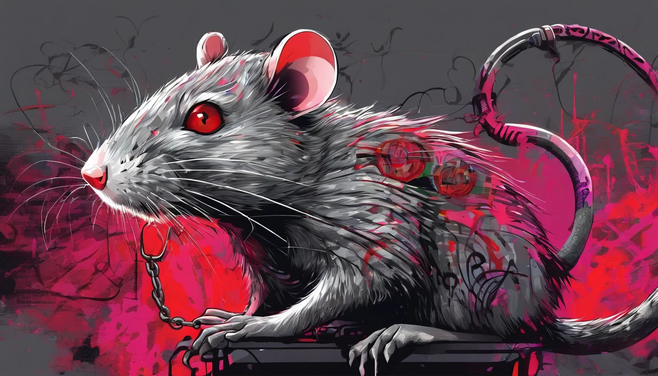 Rat chewing chains , bright red eyes 1.4, Grey Skin, 2D art games, Detailed character expressions, close up, in the style of soft brushstroke realism, Dark and neon colors, ::1 neckline ::-0.5 --ar 2:3 - without splitting