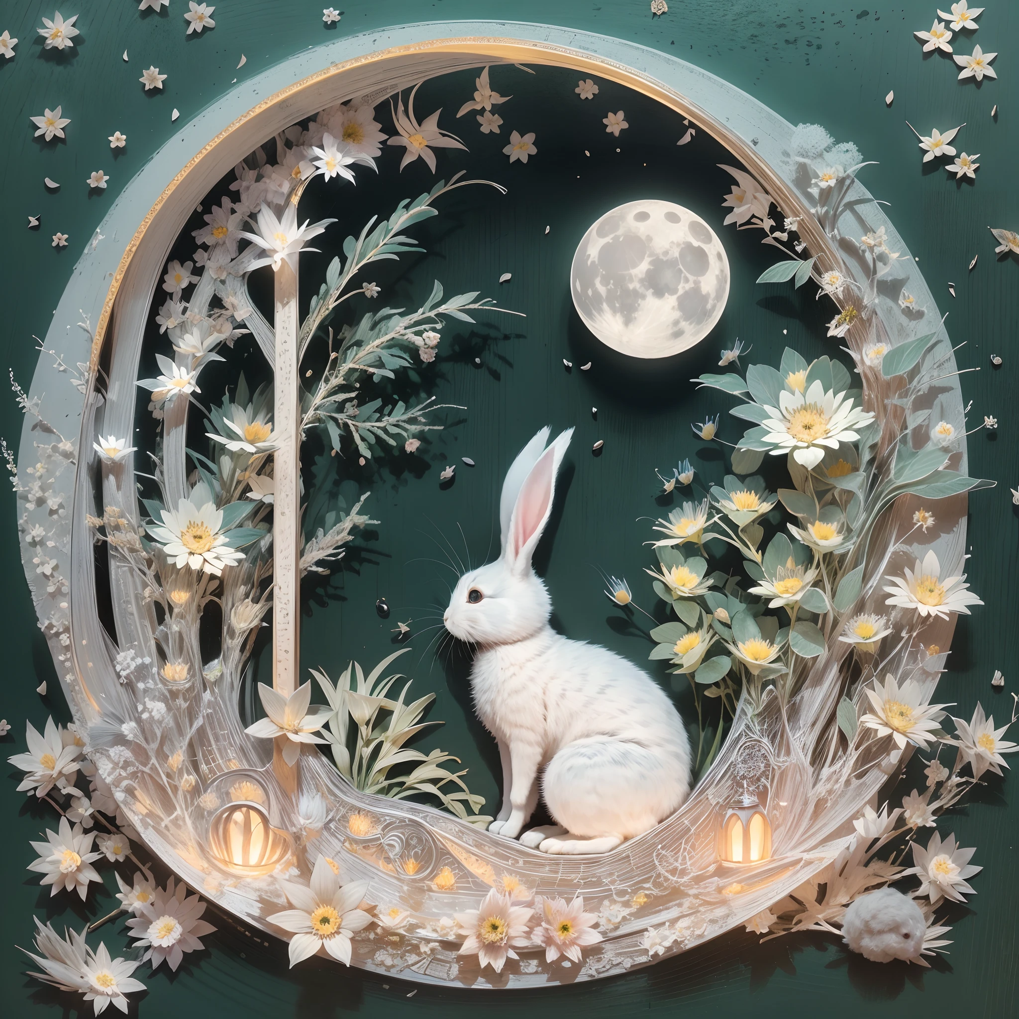 In this ultra-detailed CG art，A moon，during night，starrysky，adorable rabbit,(Paper Cuttings style:fresh flowers.Fujiman)，Best quality at best，A high resolution，Complicated details，fanciful，Romantic,