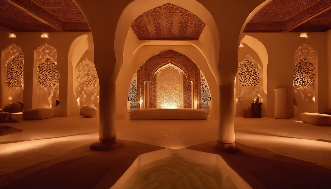 desert with camels projection on walls, rectangular indoor space, with lights, traditional arabic patterns, rectangular indoor space, all four walls are projections, chill out, desert storm, UAE, the ceiling is a mirror, the space is cut into an arabic desert, Arabic patterns, oasis with water and trees,