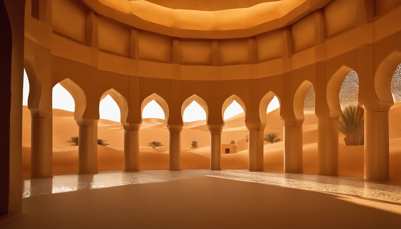 desert with camels projection on walls, rectangular indoor space, with lights, traditional arabic patterns, rectangular indoor space, all four walls are projections, chill out, desert storm, UAE, the ceiling is a mirror, the space is cut into an arabic desert, Arabic patterns, oasis with water and trees,