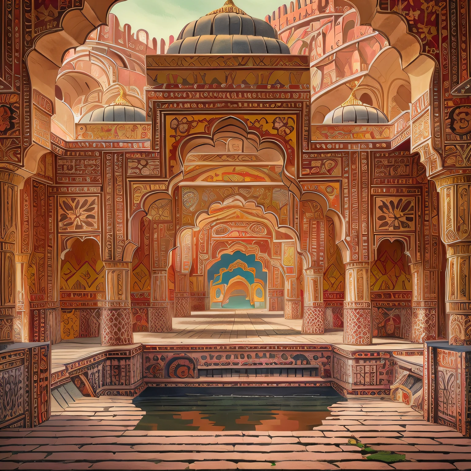 (masterpiece:1.3), (best quality:1.2), highly detailed, absurd res,  exterior architectural photography of a fort of jaipur on a small lake, in the style of dimitry roulland, neoclassical symmetry, studyblr, gediminas pranckevicius