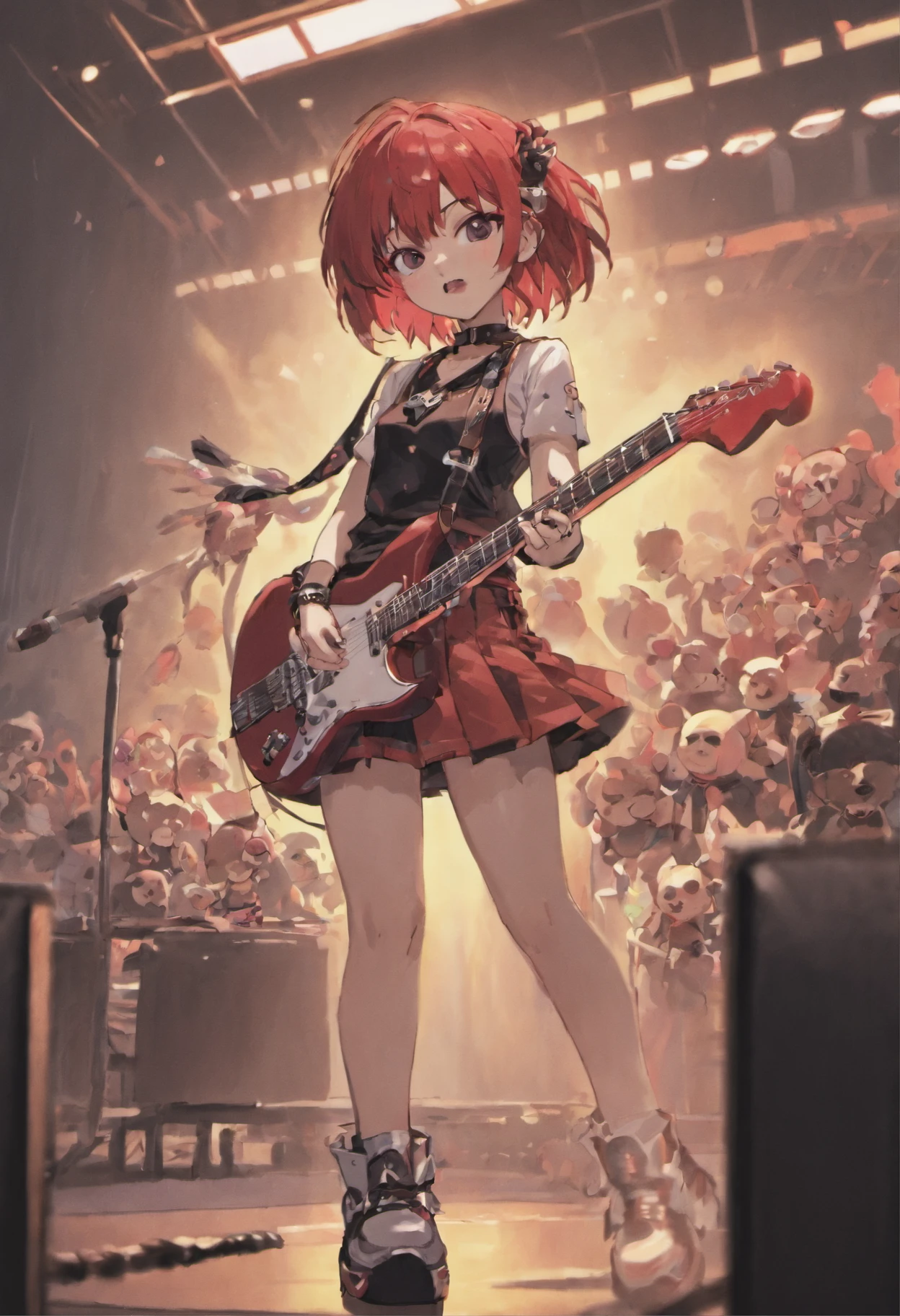 1girll, Short red hair, eye patch over left eye, Brown eyes, Black spiked collar around the neck, sleeveless black shirt，There is a pink skull pattern design on the chest, holding guitars, The microphone stand is located in the foreground, Short denim shorts, black_Pink pinstripe socks, Right knee pads, White sneakers, The little teddy bear charm hangs from the belt buckle, Punk rocker, rock music, Indoors, On stage, spotlight, absurderes, A high resolution, ultrasharp, 8K, Masterpiece, facingviewer, simile