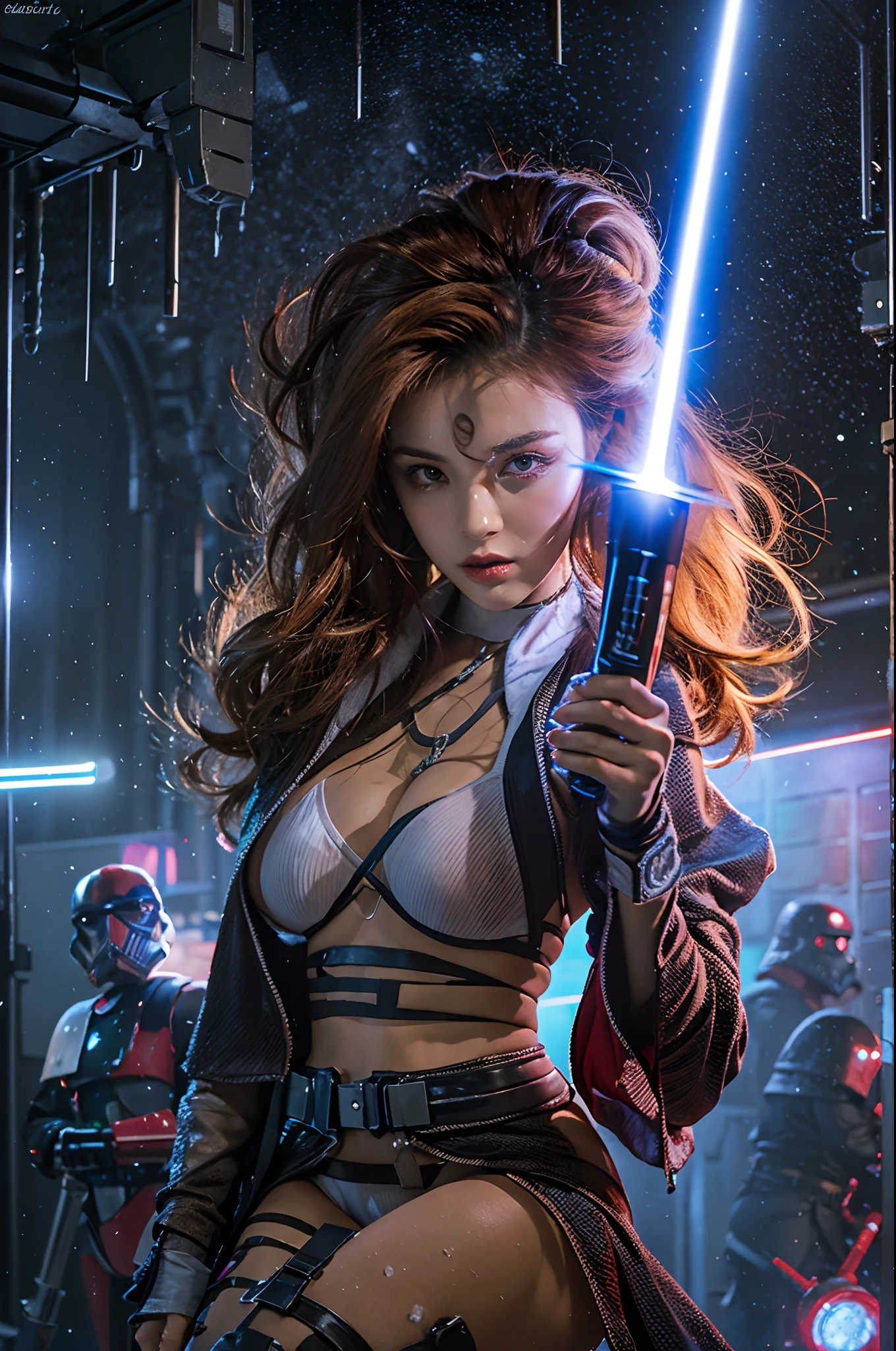 araffe star wars sexy woman with lightsabed sword in a bikini, amouranth, mara jade skywalker, better known as amouranth, female jedi, mara jade, with lightsaber sword, amouranth as a super villain, holding lightsaber 4 k, with light-saber, star wars character, holding a lightsabre. splash art, rey, big breast, show breast