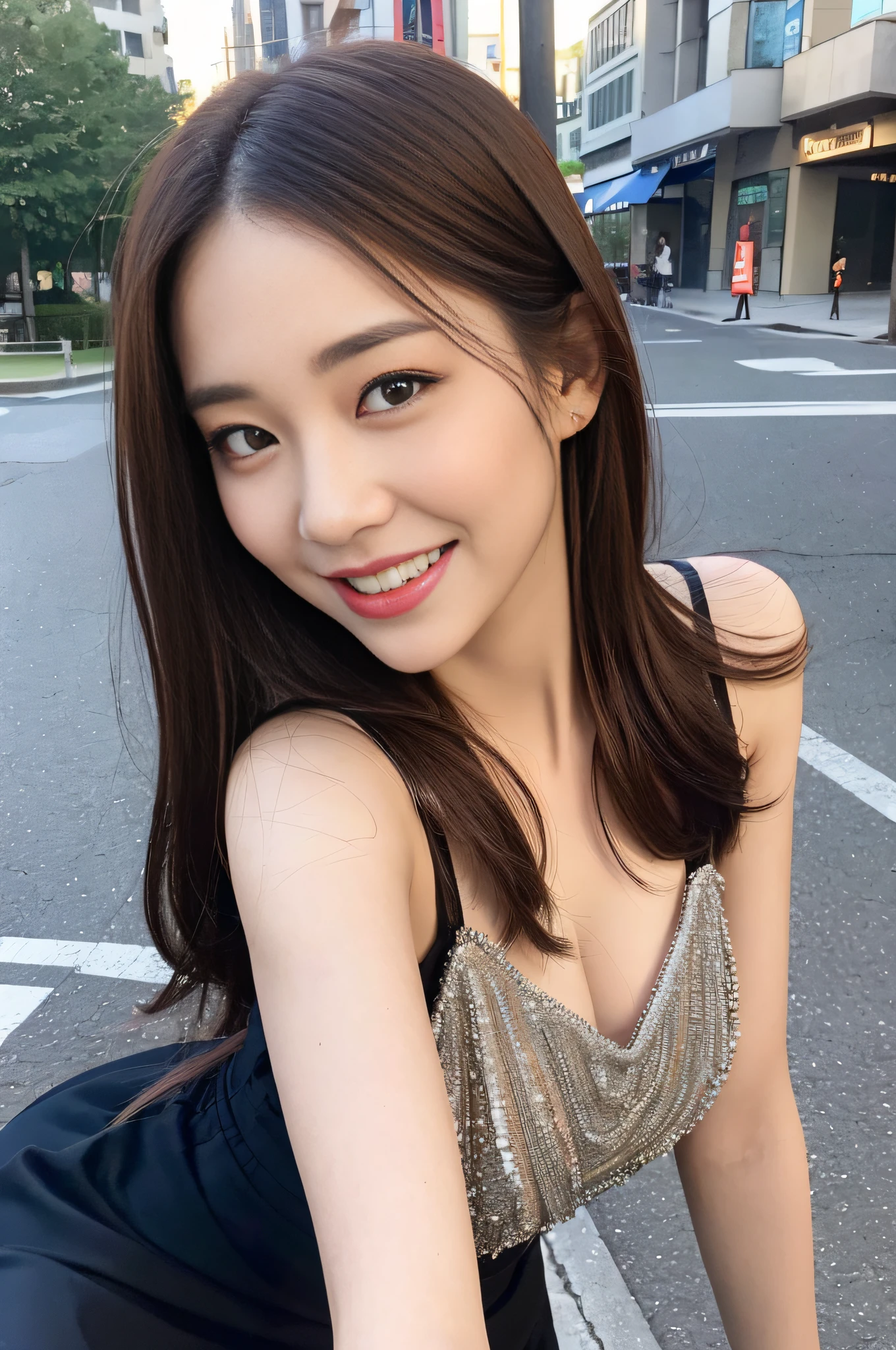 ((Best quality, 8k, Masterpiece :1.3)), 1girl, smiling, full body, slim face, Pretty woman, (Dark brown hair), full length dress :1.1, Ultra-detailed face, Detailed eyes, Double eyelid, blur background, slim face, city, outside, street,