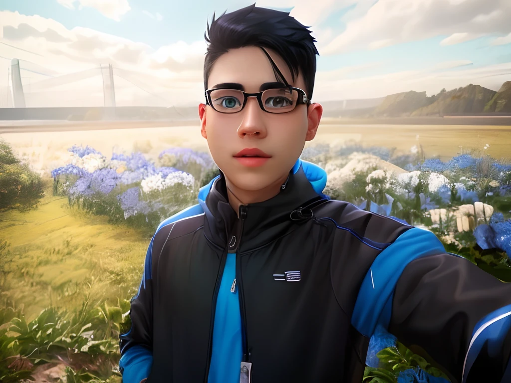Glasses boy with blue hoodie middle part hairstyle anime black hair