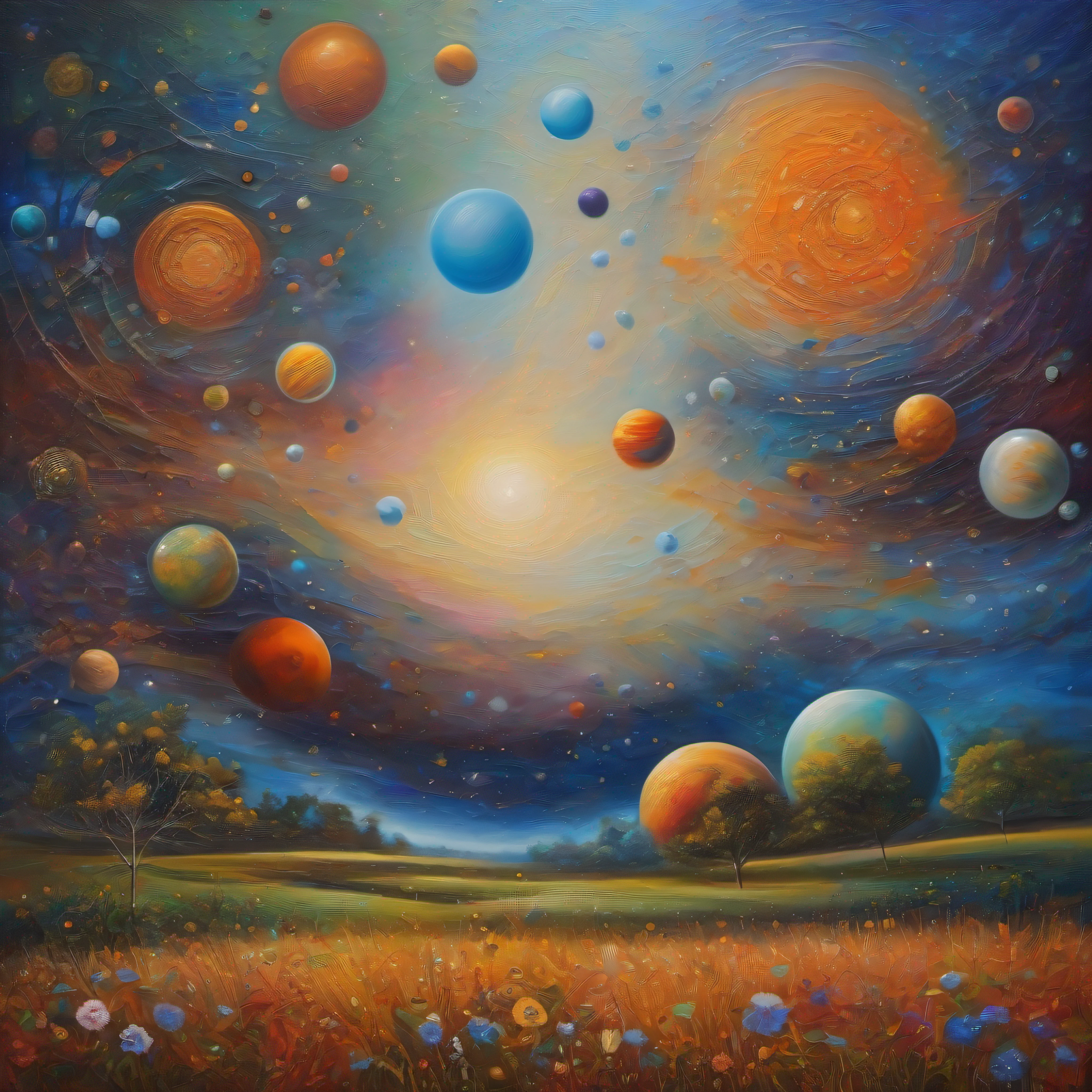 a field of dreams, a sky of planets. Oil on Canvas, Masterpiece, Abstract Art, Intricate Detail,