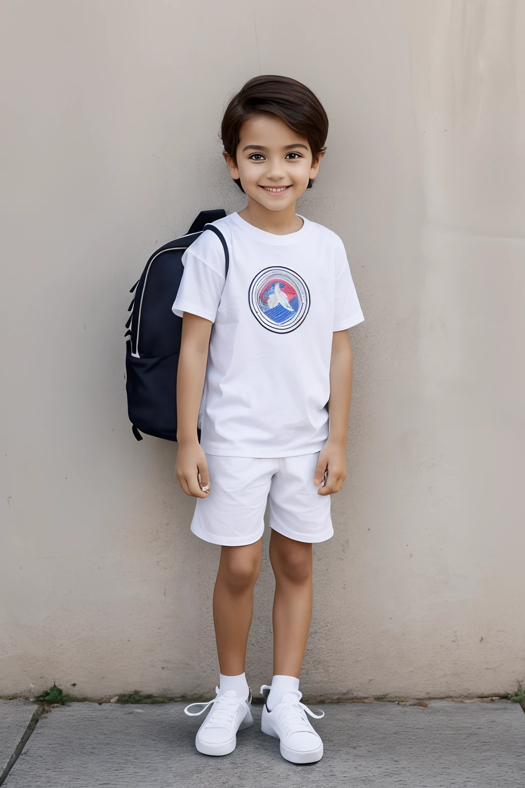 Happy in backpack and white T-shirt and sneakers, aparecendo corpo inteiro, corpo todo, de frente, sem estampa na camiseta, rosto perfeito, olhos detalhados, cabelos perfeitos, white sneakers