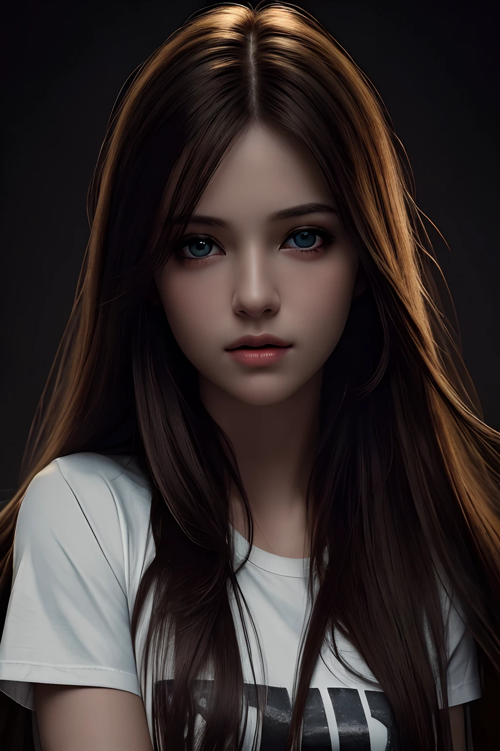Best quality, masterpiece, ultra high res, (photorealistic:1.37), raw photo, 1girl, long hair, beautifull eyes, beautifull face, detailed eyes and face, t-shirt, dynamic lighting, in the dark, deep shadow, low key, cowboy shot