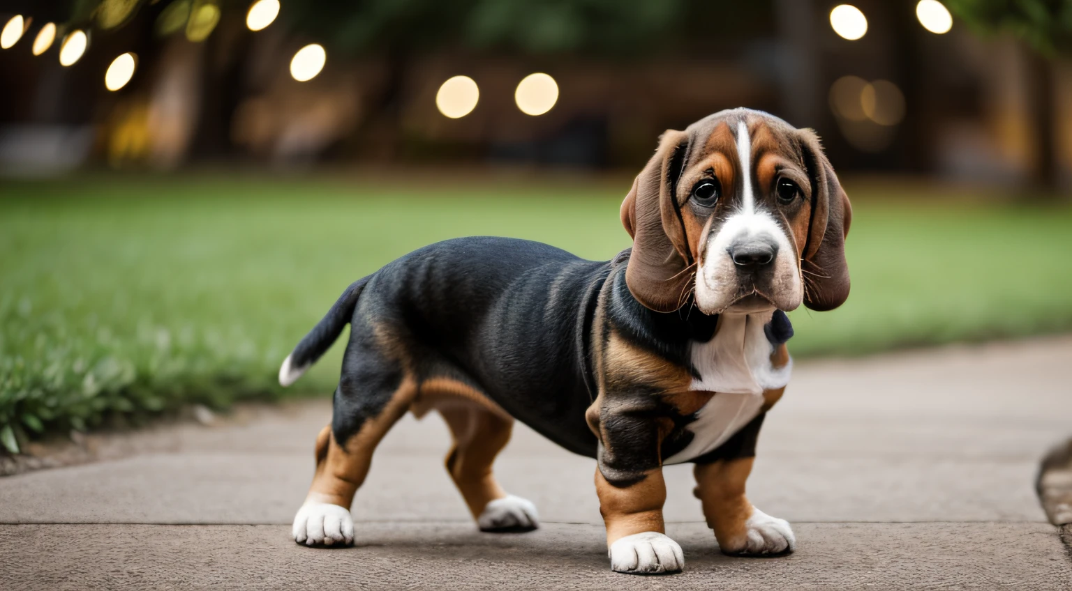 1 cachorro Basset hound, plaza en bokeh