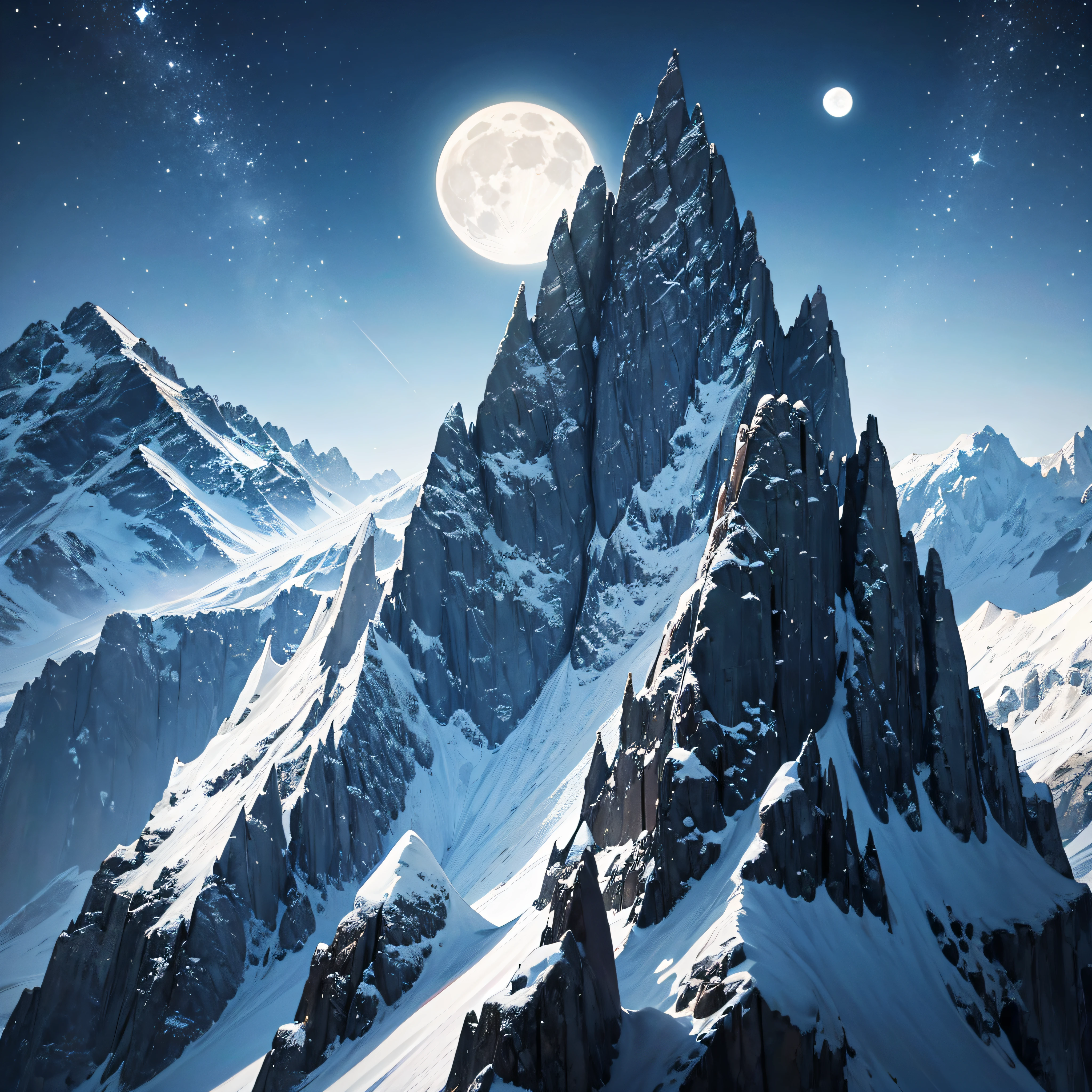 Mountain Peak with a Full Moon:
Gazing at a mountain peak under a full moon creates an awe-inspiring scene. The moonlight casts dramatic shadows, showcasing the rugged terrain.