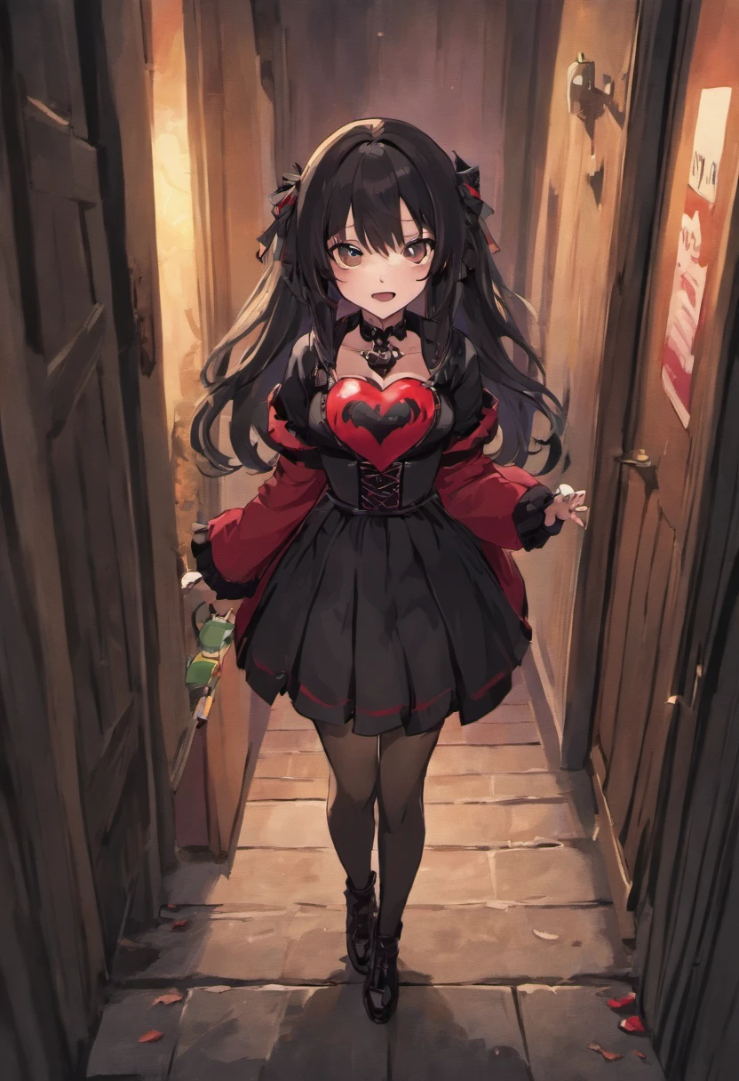 1girl, long black hair, brown eyes, wearing black_red corset, vampire teeth, pale skin, black skirt, heart tattoo on arm, standing at the front door of house, holding bag full of candy, black leather boots, big smile on face, holloween, suburban street, trees, fall, evening, leaves on ground, beautiful, absurdres, high res, ultrasharp, 8k, masterpiece, looking at viewer.