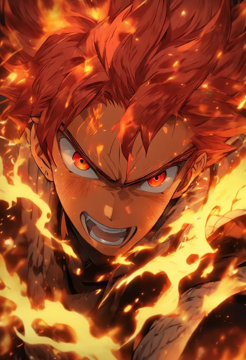 anime character with red hair and red eyes staring at the camera, an anime drawing by Shingei, tumblr, shin hanga, roguish smirk, portrait of hisoka hunter hunter, screenshot from black clover, handsome guy in demon slayer art, orange - haired anime boy, ichigo kurosaki, kentaro miura art style, 8k! Red hair , red eyes , flame of rage ,
