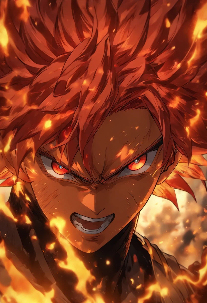 anime character with red hair and red eyes staring at the camera, an anime drawing by Shingei, tumblr, shin hanga, roguish smirk, portrait of hisoka hunter hunter, screenshot from black clover, handsome guy in demon slayer art, orange - haired anime boy, ichigo kurosaki, kentaro miura art style, 8k! Red hair , red eyes , flame of rage ,