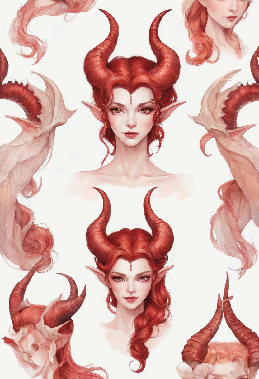 Hand-drawn sketch illustration of a beautiful red hair tiefling, cabelo curto, cabelo liso, cabelo com presilhas, cabelo com franja na frente dos olhos, tatuagem,olhos azuis, symmetrical dragon horns,detalhes em dourado na roupa, illustration, watercolor sketch, (melhor qualidade)), detalhado intrincado,