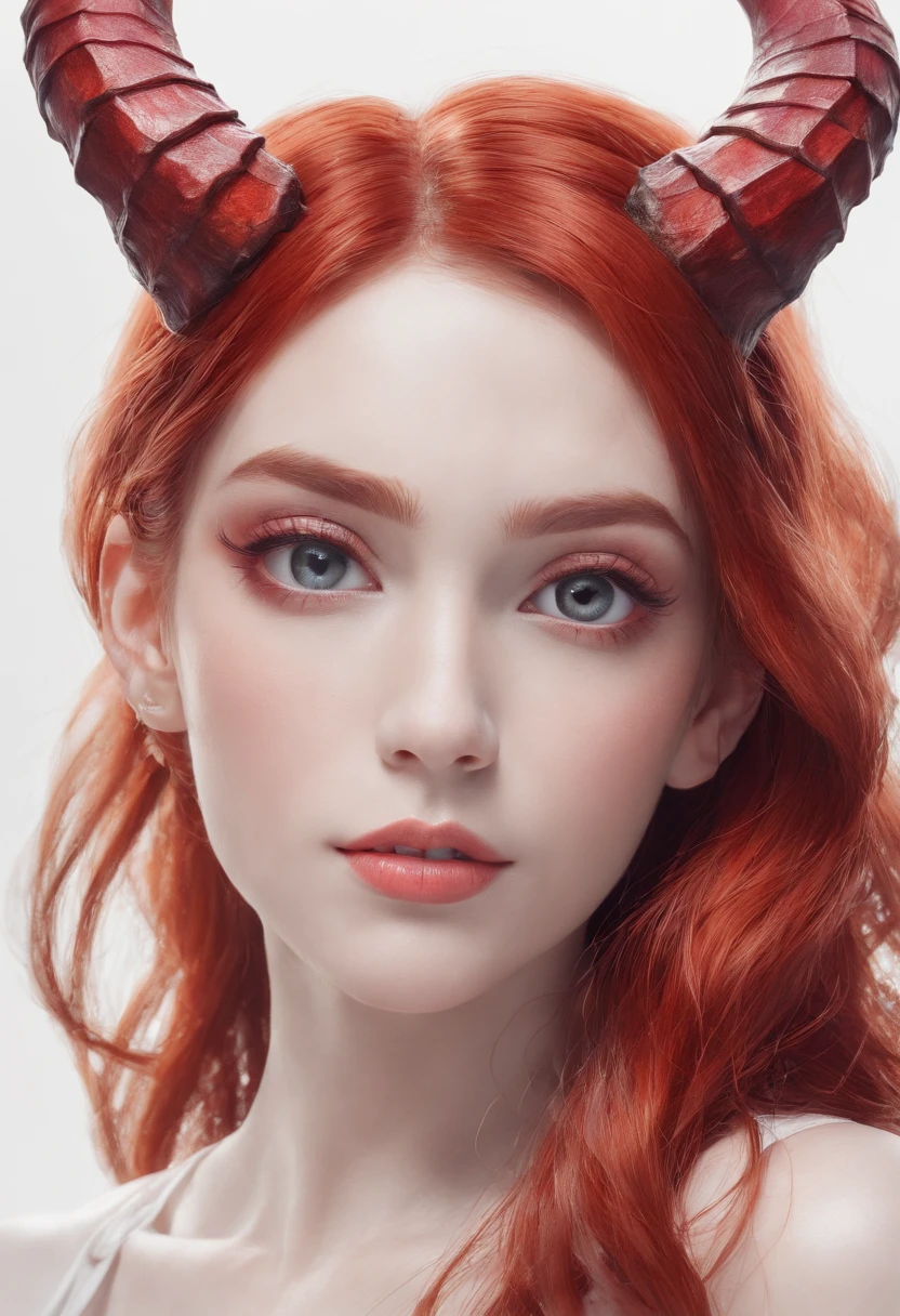 Hand-drawn sketch illustration of a beautiful red hair tiefling, cabelo curto, cabelo liso, cabelo com presilhas, cabelo com franja na frente dos olhos, tatuagem,olhos azuis, symmetrical dragon horns,detalhes em dourado na roupa, illustration, watercolor sketch, (melhor qualidade)), detalhado intrincado,