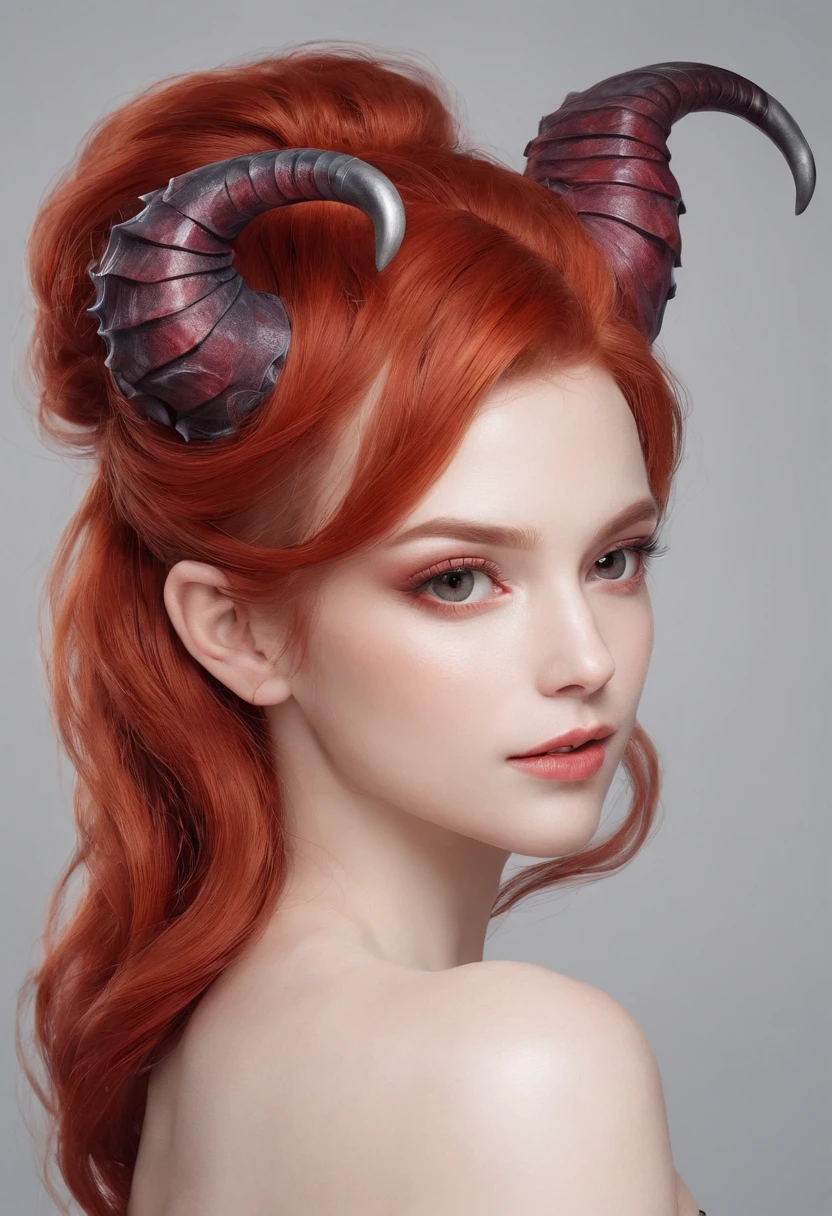 Hand-drawn sketch illustration of a beautiful red hair tiefling, cabelo curto, cabelo liso, cabelo com presilhas, cabelo com franja na frente dos olhos, tatuagem,olhos azuis, symmetrical dragon horns,detalhes em dourado na roupa, illustration, watercolor sketch, (melhor qualidade)), detalhado intrincado,