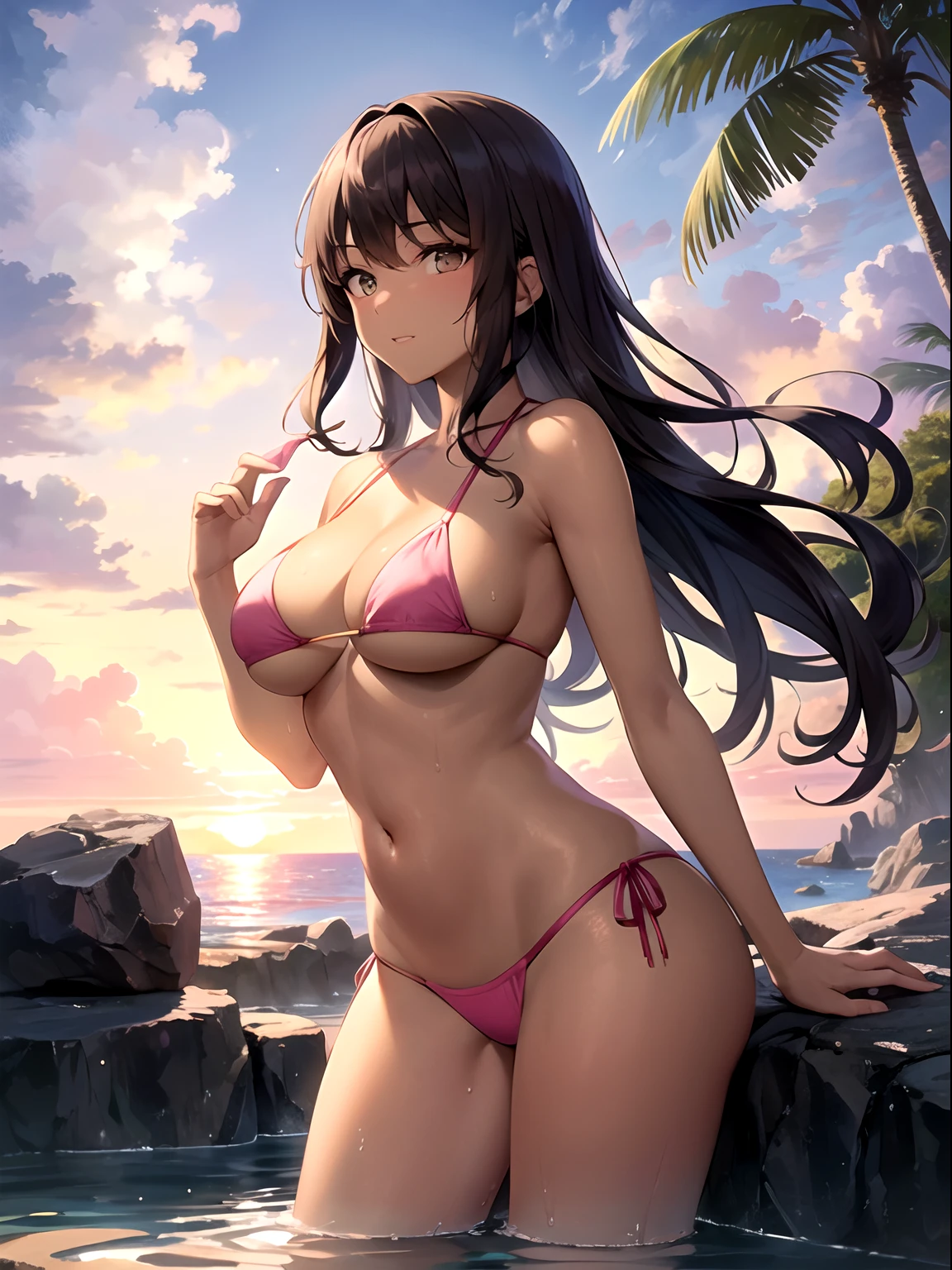 1female, very mature woman, milf, 30yo, (brown hair, wavy hair)+, (dark skin, tan), (gal gyaru)+, very large breast, skinny leg, beautiful female proportions, seduction face, side tie bikini, (light pink bikini), stand in reflective water, onsen, concentric pool, ocean wave, sea waves hit the rocks, epic and stunning, (cliff in far background) , (summer, romantic, mesmerizing), heaven on earth, near the sea, stand in a reflective pool, beach, ((ocean, clouds)) , stunning view, sunset, seaside onsen, masterpiece, trend on Pixiv, medium shot, backlighting, 8k, unfinished, oil paintings