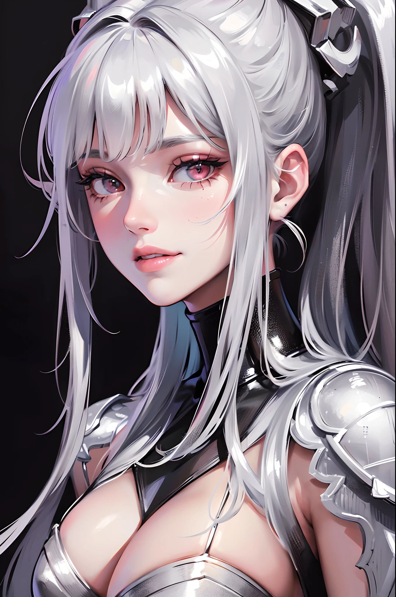 (best quality,4k,8k,highres,masterpiece:1.2),ultra-detailed,(realistic,photorealistic,photo-realistic:1.37),girl,smirk expression,long silver hair,ponytail,dark red eyes,intense gaze,damaged white fullscale armor,battlefield,beautiful detailed eyes,beautiful detailed lips,extremely detailed eyes and face,long eyelashes,portrait,concept artist,soft lighting,colourful palette,artistic brushstrokes