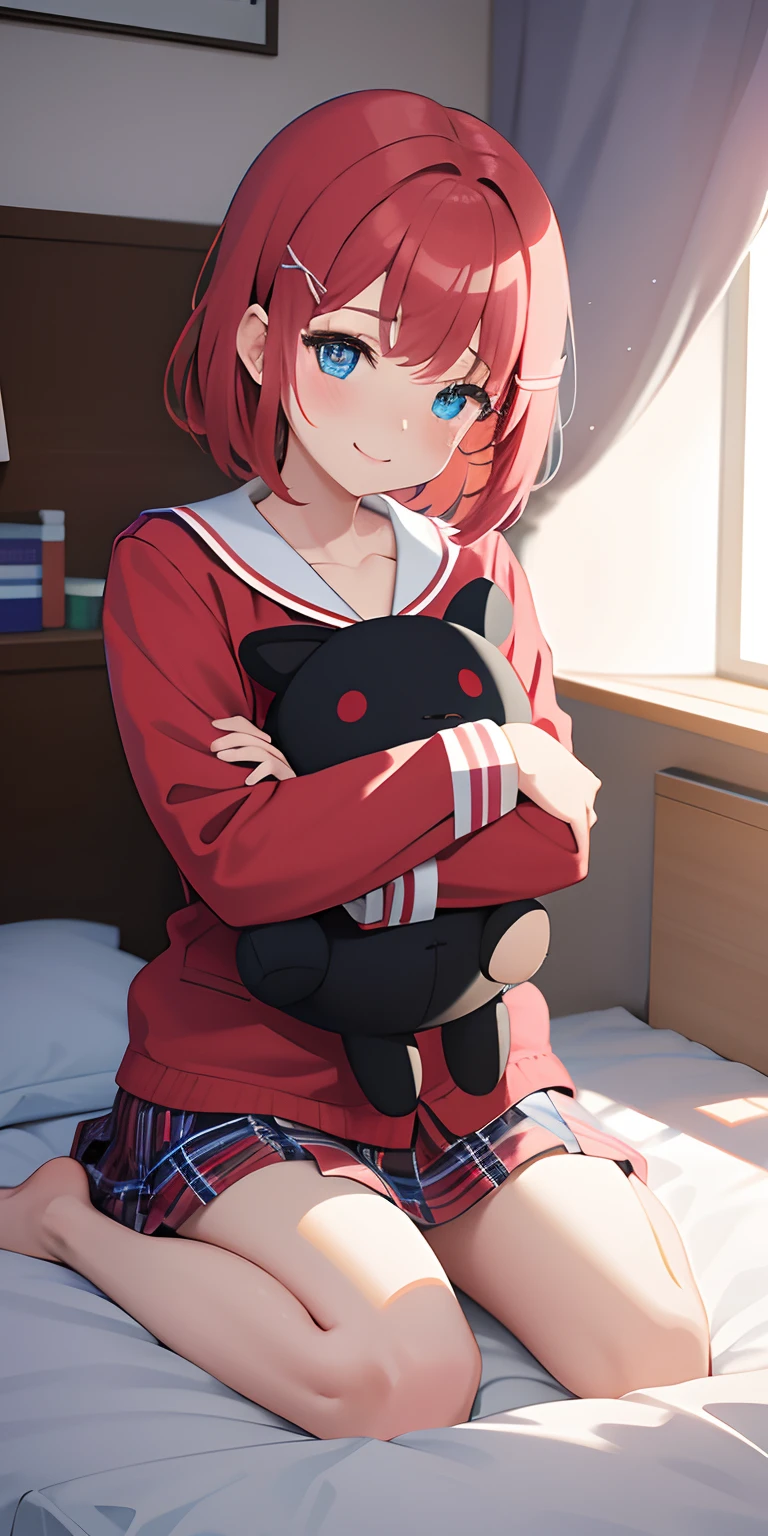 one college girl, red short hair, blue eyes, hair clip, light blush (1 :1) , light smile, pyjama, bedroom, sitting on bed, hugging plushie