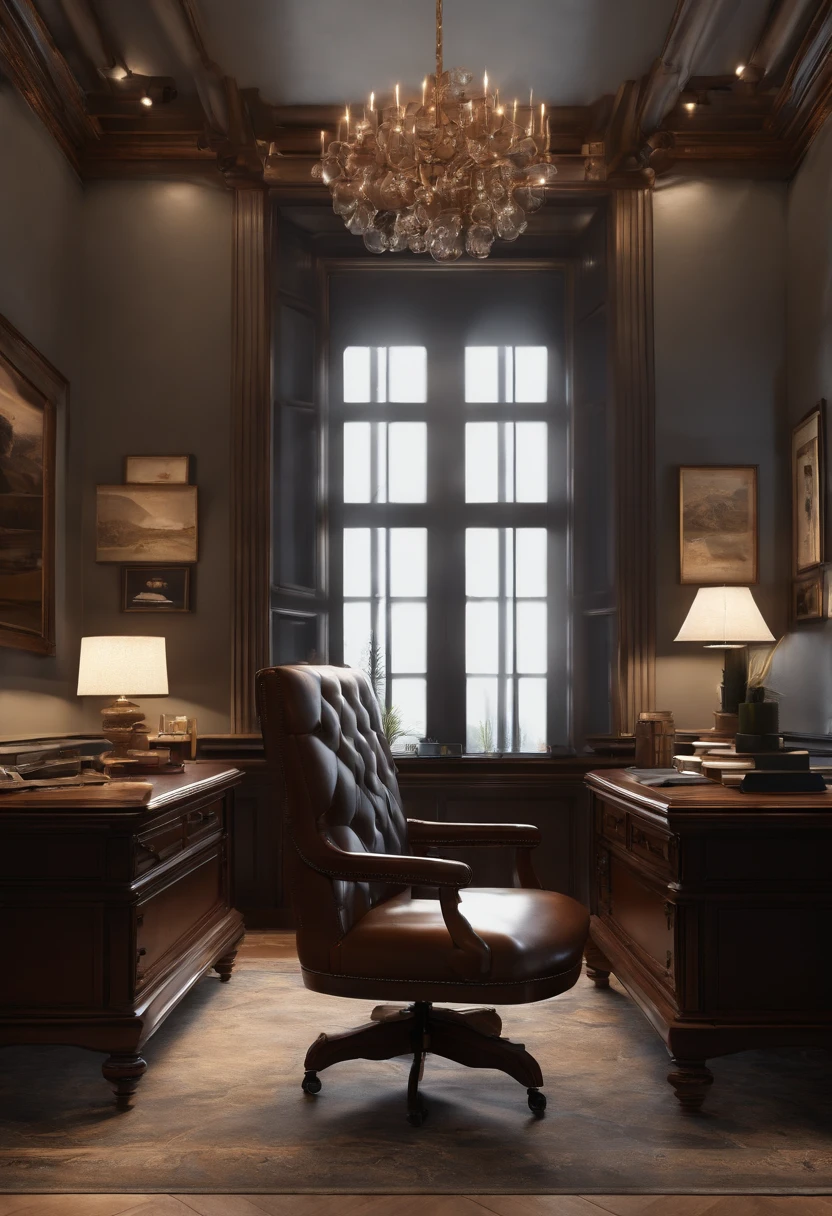home office room, desk, chairs,  Aligoudarz Stone on floor, hyper realistic, high detailed, 8k