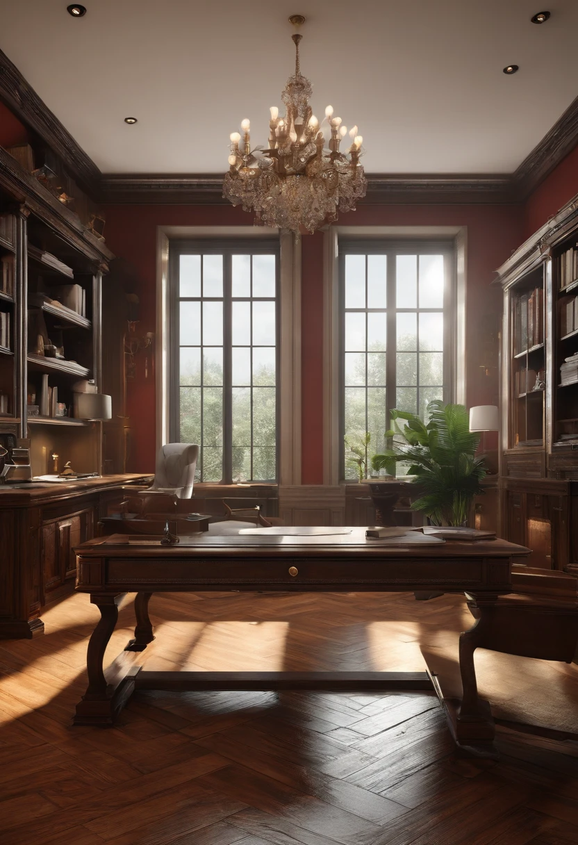 home office room, desk, chairs, Aligoudarz Stone on floor, hyper realistic, high detailed, 8k