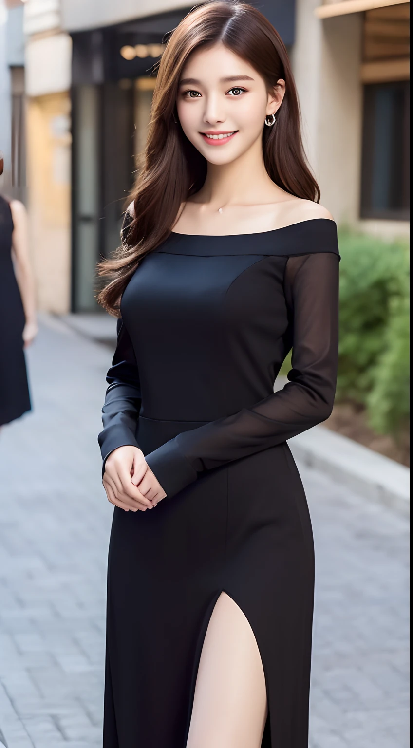 ((Best quality, 8k, Masterpiece :1.3)), 1girl, smiling, full body, slim face, Pretty woman, (Dark brown hair), full length dress :1.1, Ultra-detailed face, Detailed eyes, Double eyelid, blur background, slim face, city, outside, street,