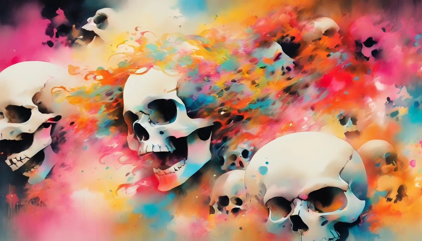 abstract color splash painting of a woman,woman made of skulls , skulls, before you drift into unconsciousness ; The dark cloud of black and white, an insane demon, a beautifully colorful and intricately detailed mixed media ink illustration by Stephen Gammell, Raffaello Ossola, Johan Egerkrans,