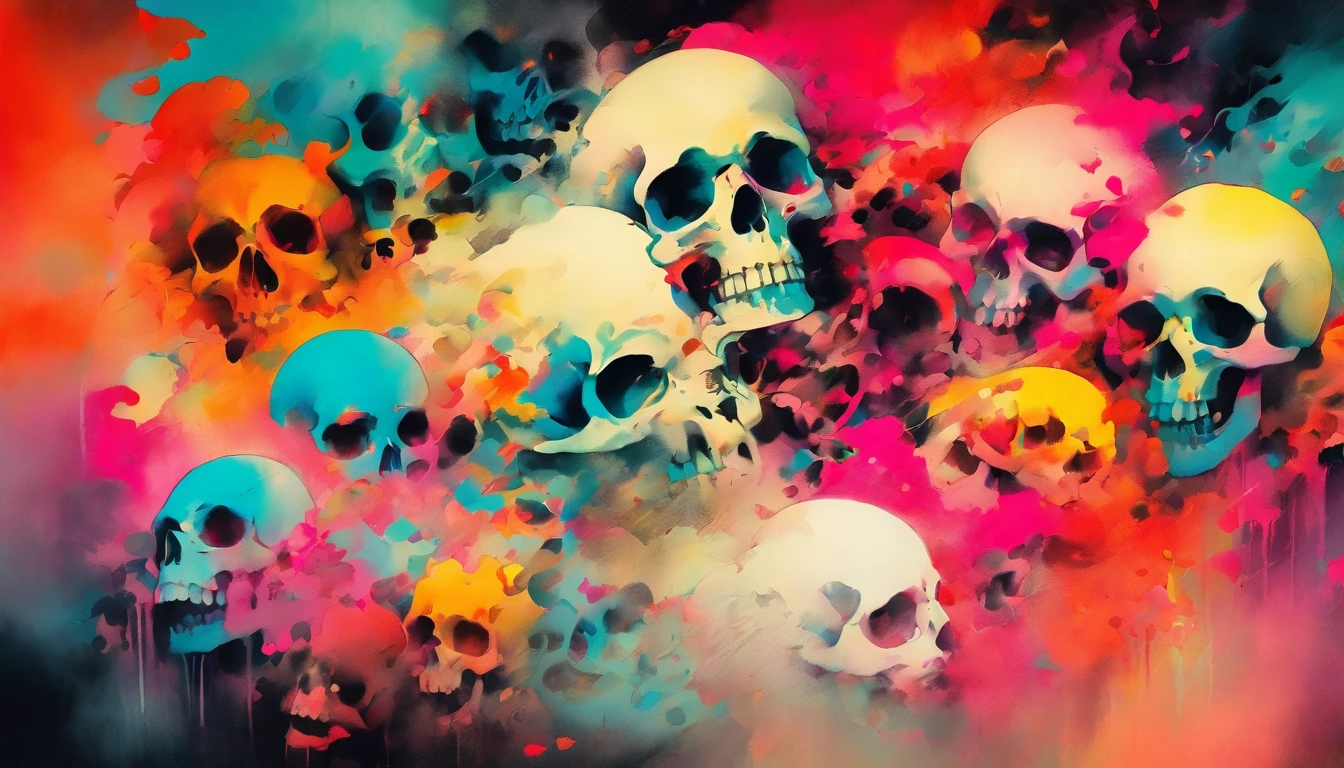 abstract color splash painting of a woman,woman made of skulls , skulls, before you drift into unconsciousness ; The dark cloud of black and white, an insane demon, a beautifully colorful and intricately detailed mixed media ink illustration by Stephen Gammell, Raffaello Ossola, Johan Egerkrans,
