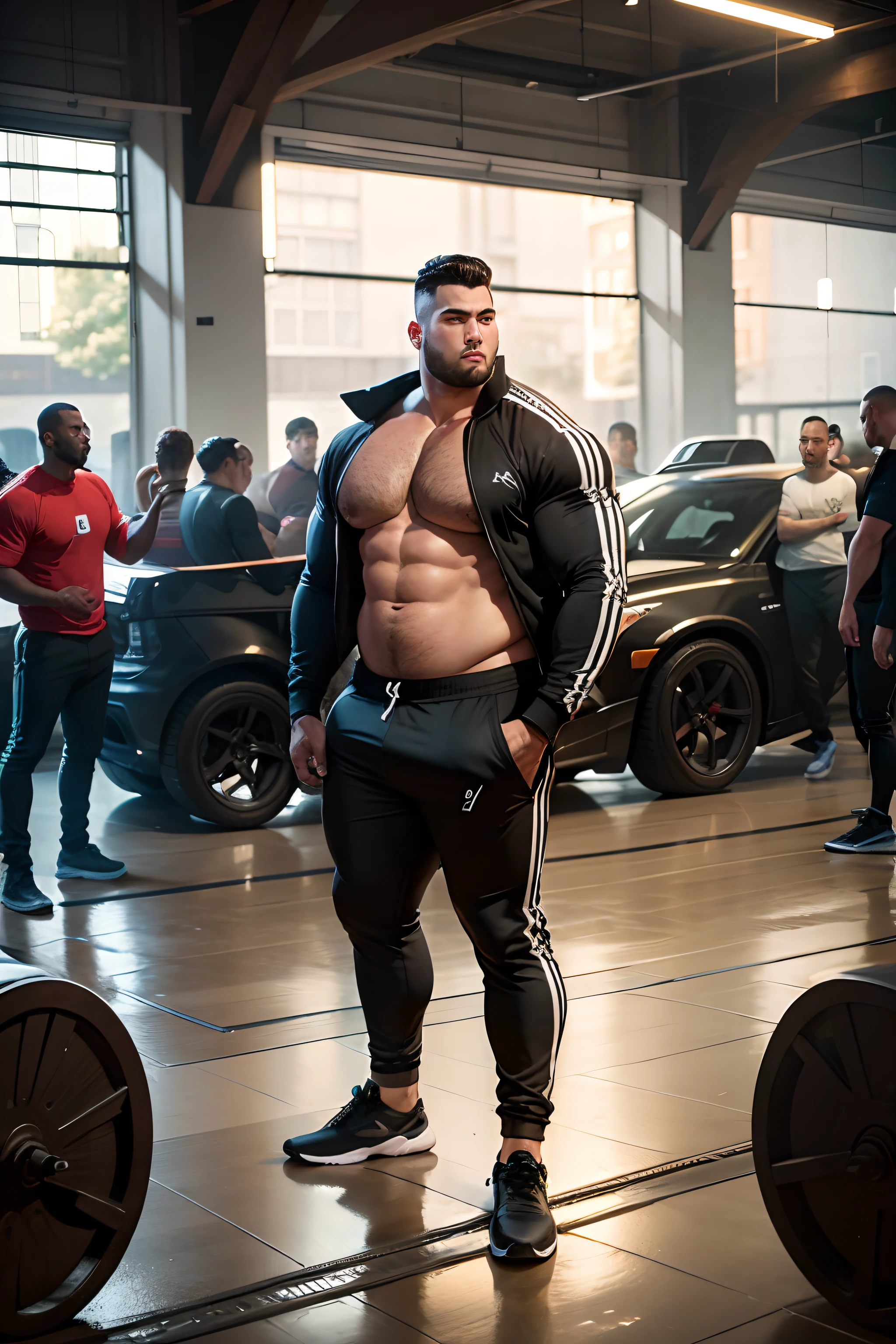 Big bulky guy in loose black tracksuit. Fully dressed and covered.