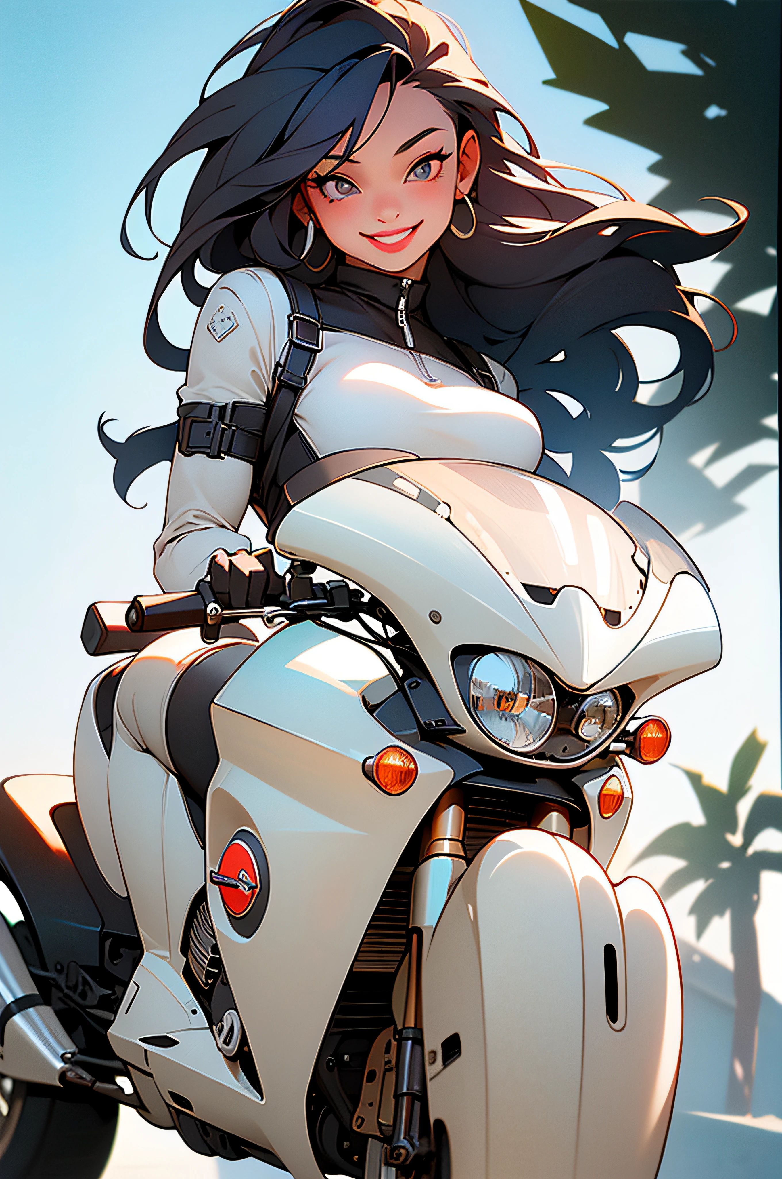 masterpiece, (masterpiece, top quality, best quality),1girl, solo, bodysuit, breasts, long hair, white background, smile, simple background, medium breasts, helmet, looking at viewer, skin tight, sitting, lips, blue bodysuit, motorcycle, black gloves, gloves