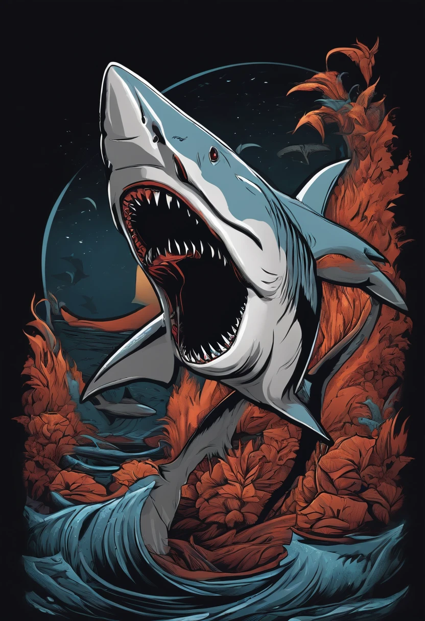 T-shirt design, shark illustration with a black background, in bold outline style, jagged edges, trashcore, light shading --v 5.2