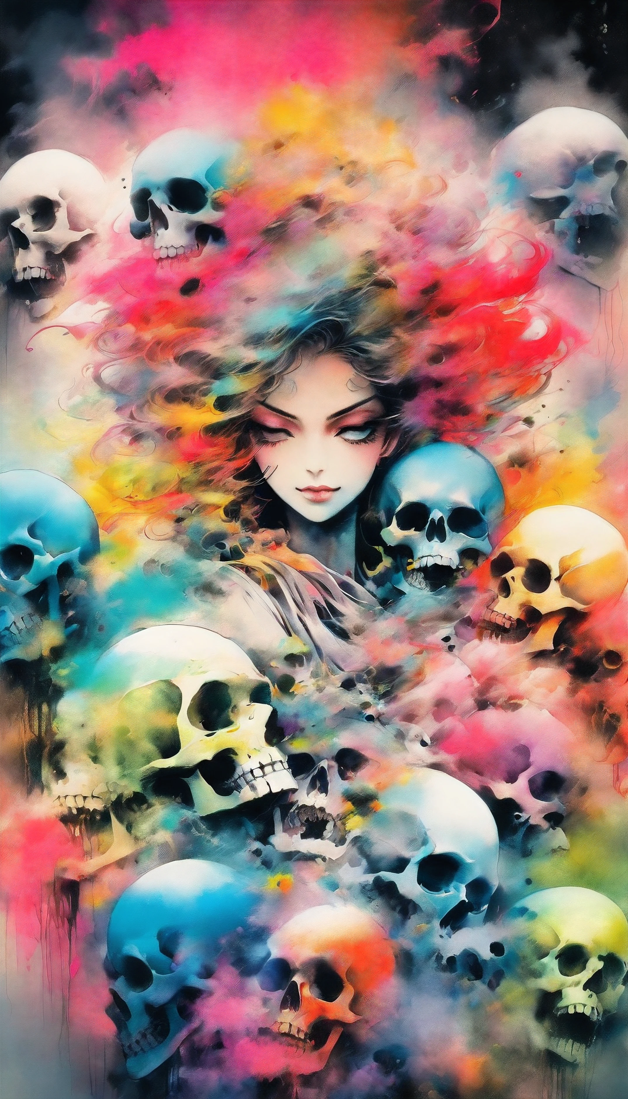 abstract color splash painting of a woman , skulls, before you drift into unconsciousness ; The dark cloud of black and white, an insane demon, a beautifully colorful and intricately detailed mixed media ink illustration by Stephen Gammell, Raffaello Ossola, Johan Egerkrans,