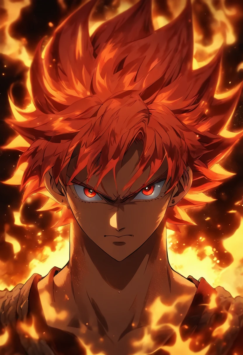 anime character with red hair and red eyes staring at the camera, an anime drawing by Shingei, tumblr, shin hanga, roguish smirk, portrait of hisoka hunter hunter, screenshot from black clover, handsome guy in demon slayer art, orange - haired anime boy,murata art style, kentaro miura art style, 8k! Red hair , red eyes , flame of rage ,