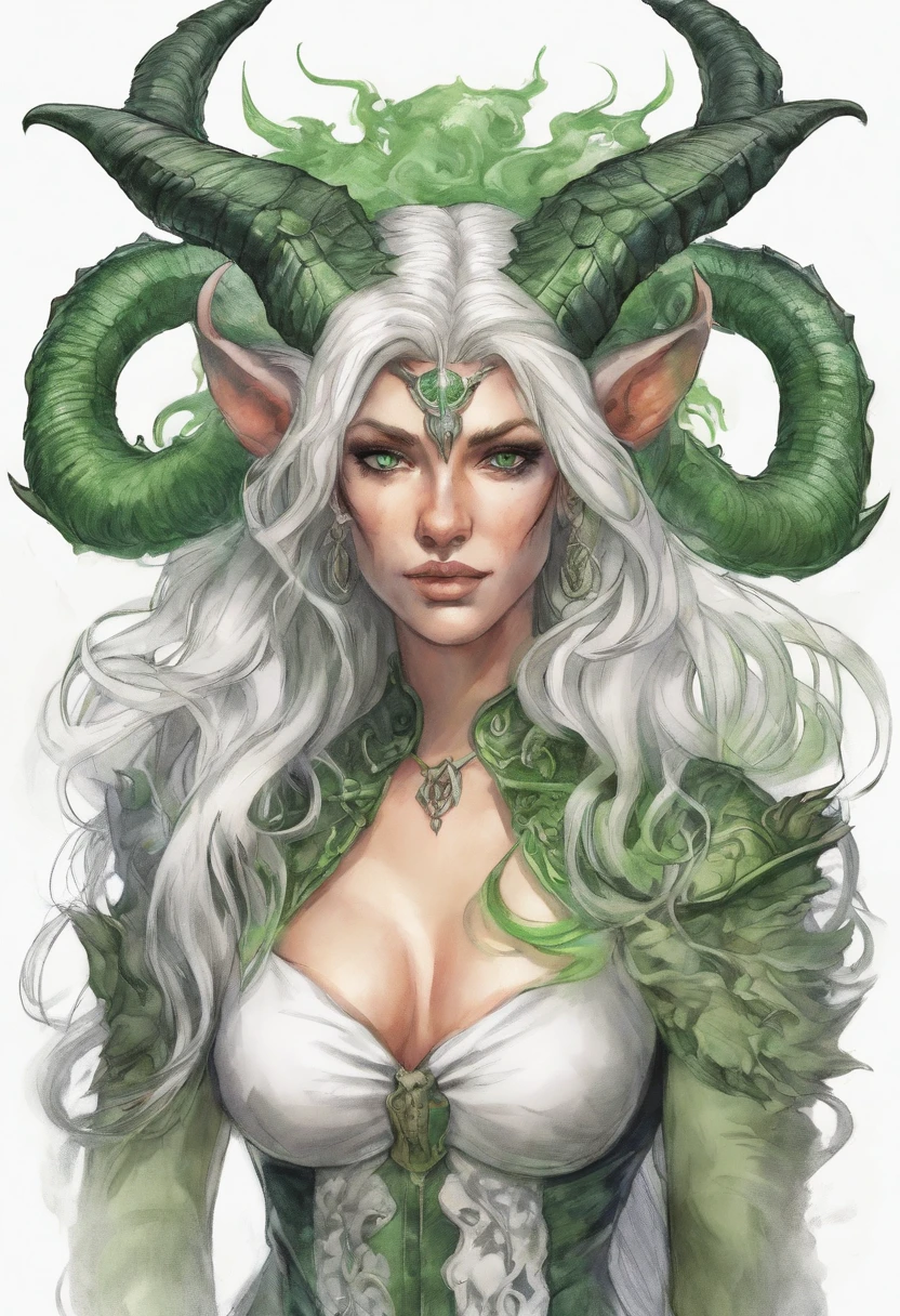 hand drawn sketch illustration of a beautiful tiefling with white hair, green eyes, symmetrical dragon horns, illustration, watercolor sketch, (best quality)), intricate detailed,