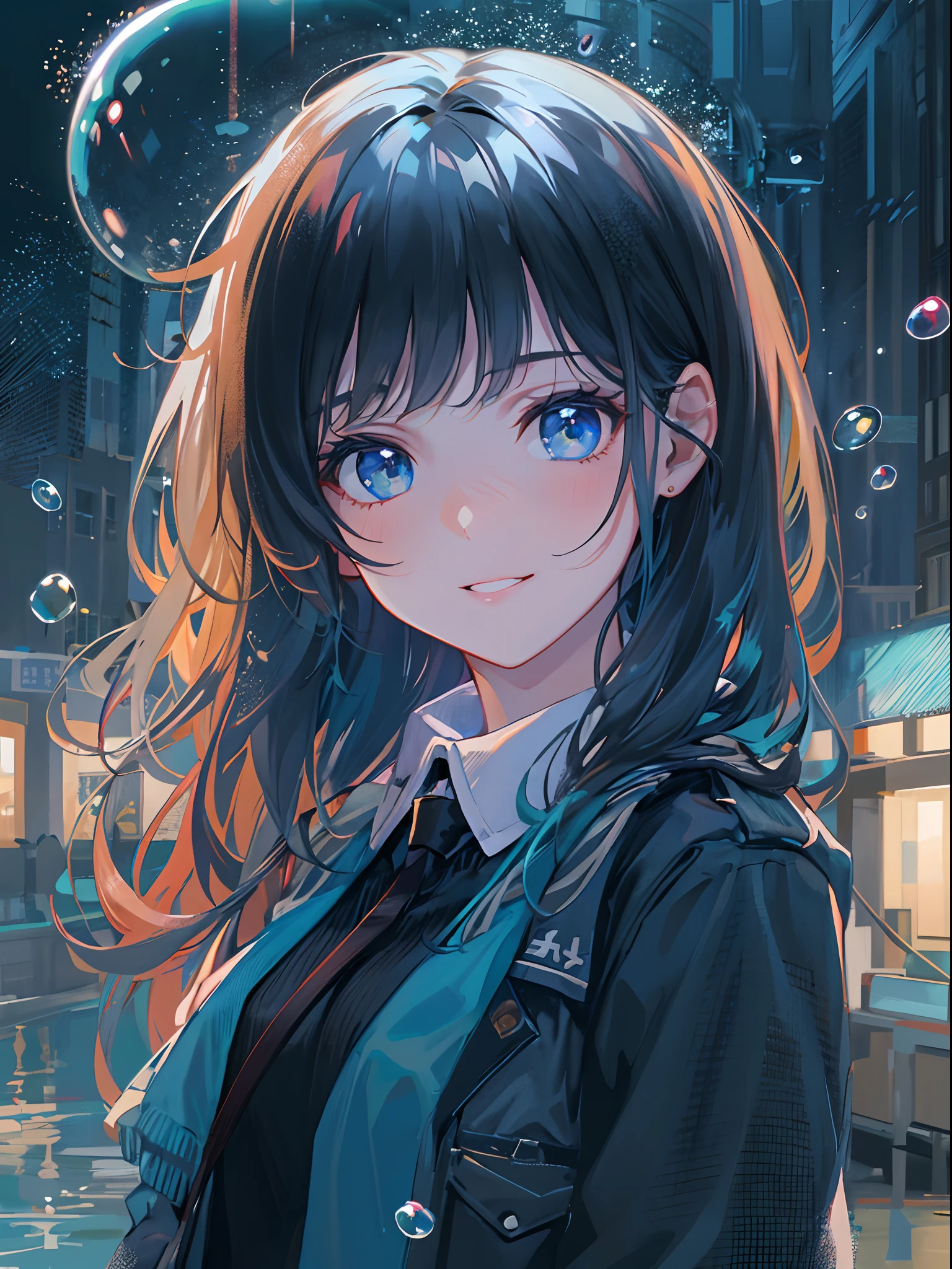 ((top-quality)), ((masterpiece)), ((ultra-detailliert)), (extremely delicate and beautiful), girl with, 独奏, cold attitude,((Black jacket)),She is very(relax)with the(Settled down)Looks,A dark-haired, depth of fields,evil smile,Bubble, under the water, Air bubble,bright light blue eyes,Inner color with black hair and light blue tips,Cold background,Bob Hair - Linear Art, a miniskirt、knee high socks、White uniform like school uniform、Light blue ribbon ties、Clothes are sheer、Hands in pockets、Ponytail hair