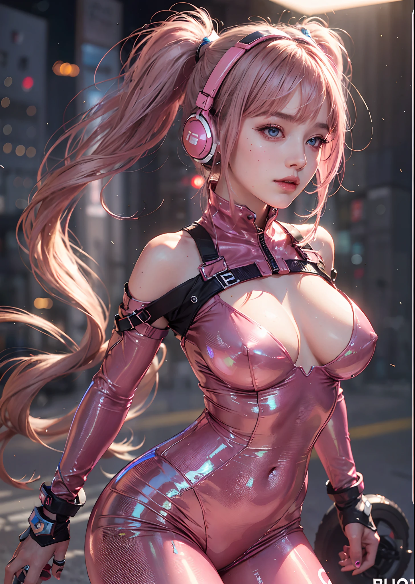 Best Quality, Masterpiece, Ultra High Resolution, (Realisticity: 1.9), Original Photo, 1Girl, Bare Shoulder, full body portrait, futuristic neon lit city at night, Movie Lighting , bangs,sexy bodysuit, large breasts, large buttocks, gamer headphones, shoulder length hair , large breasts, parted lips, metallic pink bodysuit, blue eyes, pink hair, solo, twintails,alice (masterpiece:1.4),(best quality:1.4),(shiny skin),realistic, ((luminous. Very alluring and seductive pose. She's standing showing her back )) slight smile.