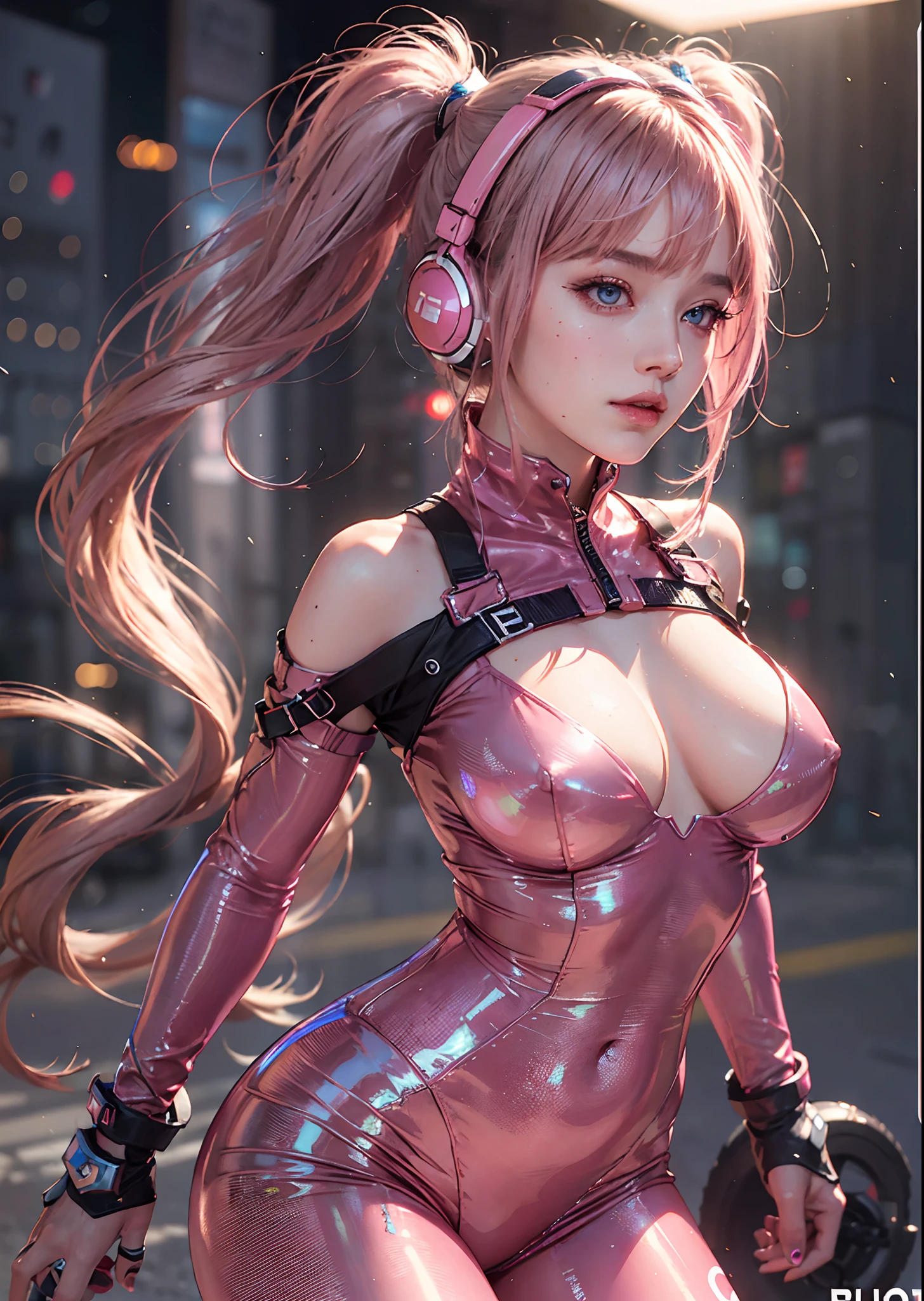 Best Quality, Masterpiece, Ultra High Resolution, (Realisticity: 1.9), Original Photo, 1Girl, Bare Shoulder, full body portrait, futuristic neon lit city at night, Movie Lighting , bangs,sexy bodysuit, large breasts, large buttocks, gamer headphones, shoulder length hair , large breasts, parted lips, metallic pink bodysuit, blue eyes, pink hair, solo, twintails,alice (masterpiece:1.4),(best quality:1.4),(shiny skin),realistic, ((luminous. Very alluring and seductive pose. She's standing showing her back )) slight smile.
