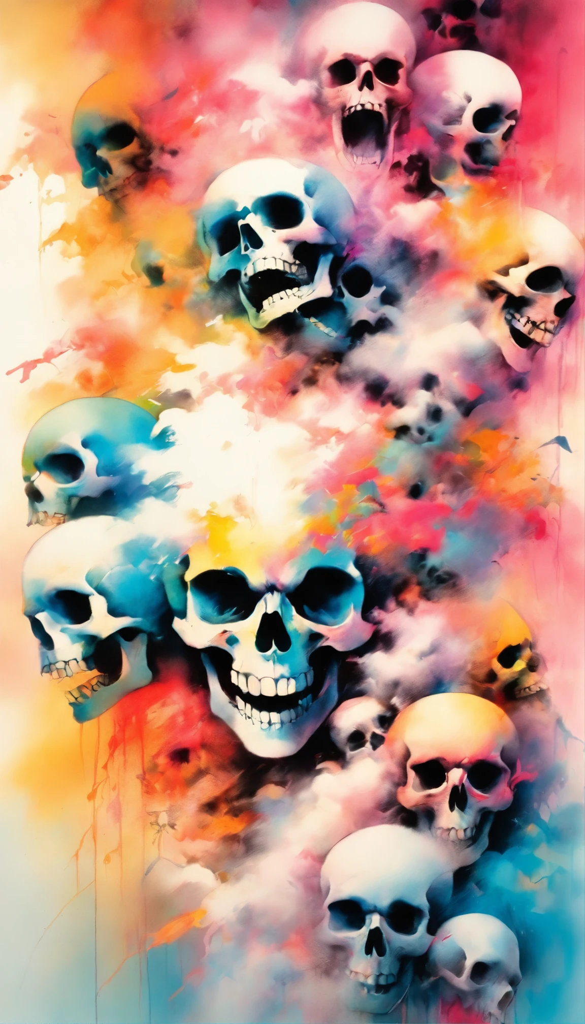 Abstract colorful ink painting of a woman , skull, Before you lose consciousness ; Black and white clouds, crazy devil, A colorful painting by Stephen Gammell、Detailed mixed media ink illustrations, Rafael Ossola, John Eggcranes,