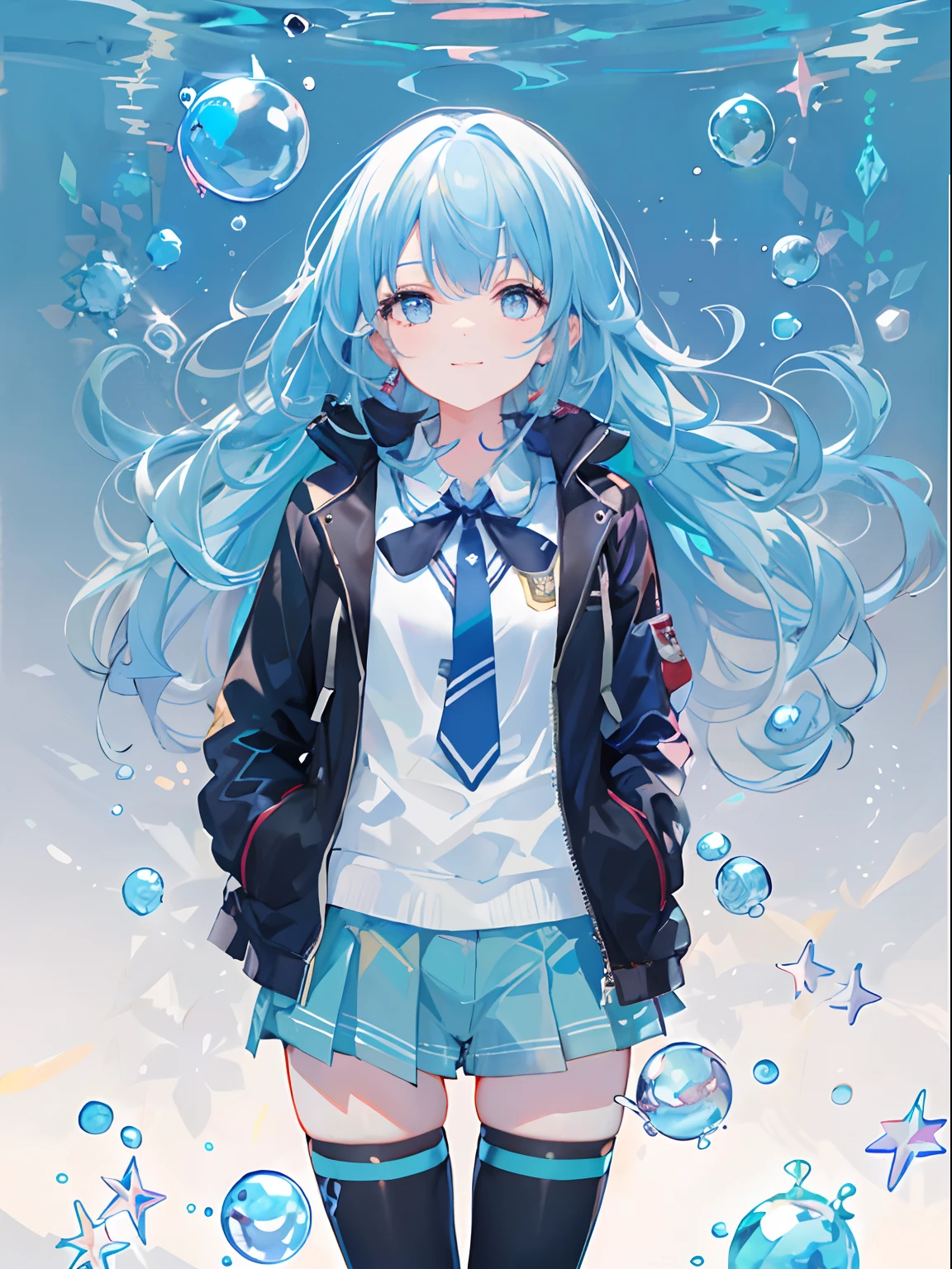 ((top-quality)), ((masterpiece)), ((ultra-detailliert)), (extremely delicate and beautiful), girl with, 独奏, cold attitude,((Black jacket)),She is very(relax)with the(Settled down)Looks,A dark-haired, depth of fields,evil smile,Bubble, under the water, Air bubble,bright light blue eyes,Inner color with light blue hair and dark blue tips,Cold background,Bob Hair - Linear Art, shortpants、knee high socks、White uniform like school uniform、Light blue ribbon ties、Clothes are sheer、Hands in pockets
