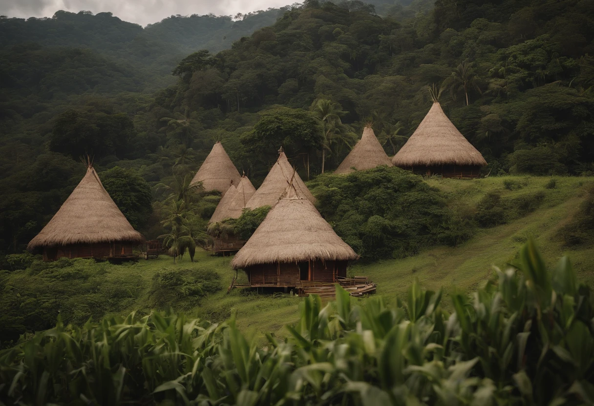 a view of a group of pyramid shaped trees in a field, hut, tribe huts in the jungle, thatched roofs, huts, bamboo huts, view, Hill, thatched houses, dug stanat, touring, scenery, festival, sumatraism, tourist destination, indonesia, village, mystical setting, instagram post, longhouse, larapi