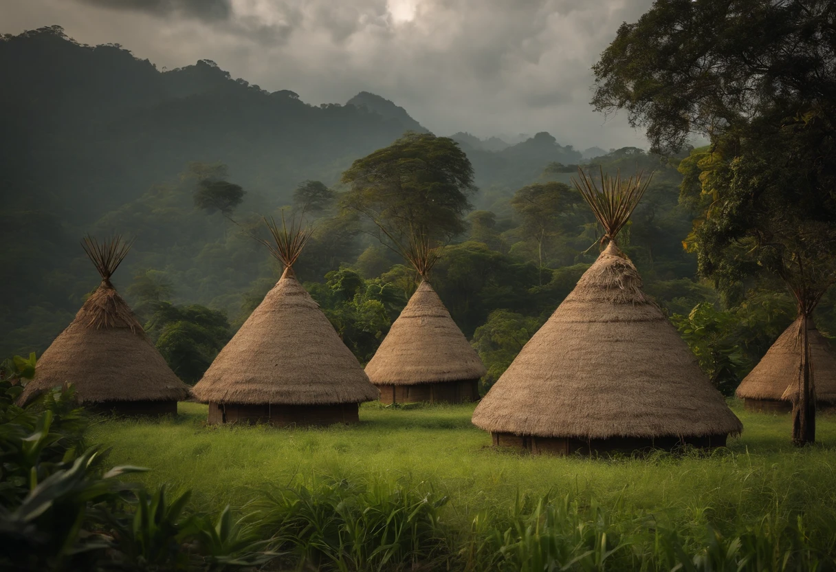 a view of a group of pyramid shaped trees in a field, a portrait by Randy Post, pixabay, sumatraism, hut, tribe huts in the jungle, Hill, thatched roofs, huts, bamboo huts, view, thatched houses, dug stanat, touring, scenery, festival, tourist destination, indonesia, village, mystical setting, instagram post