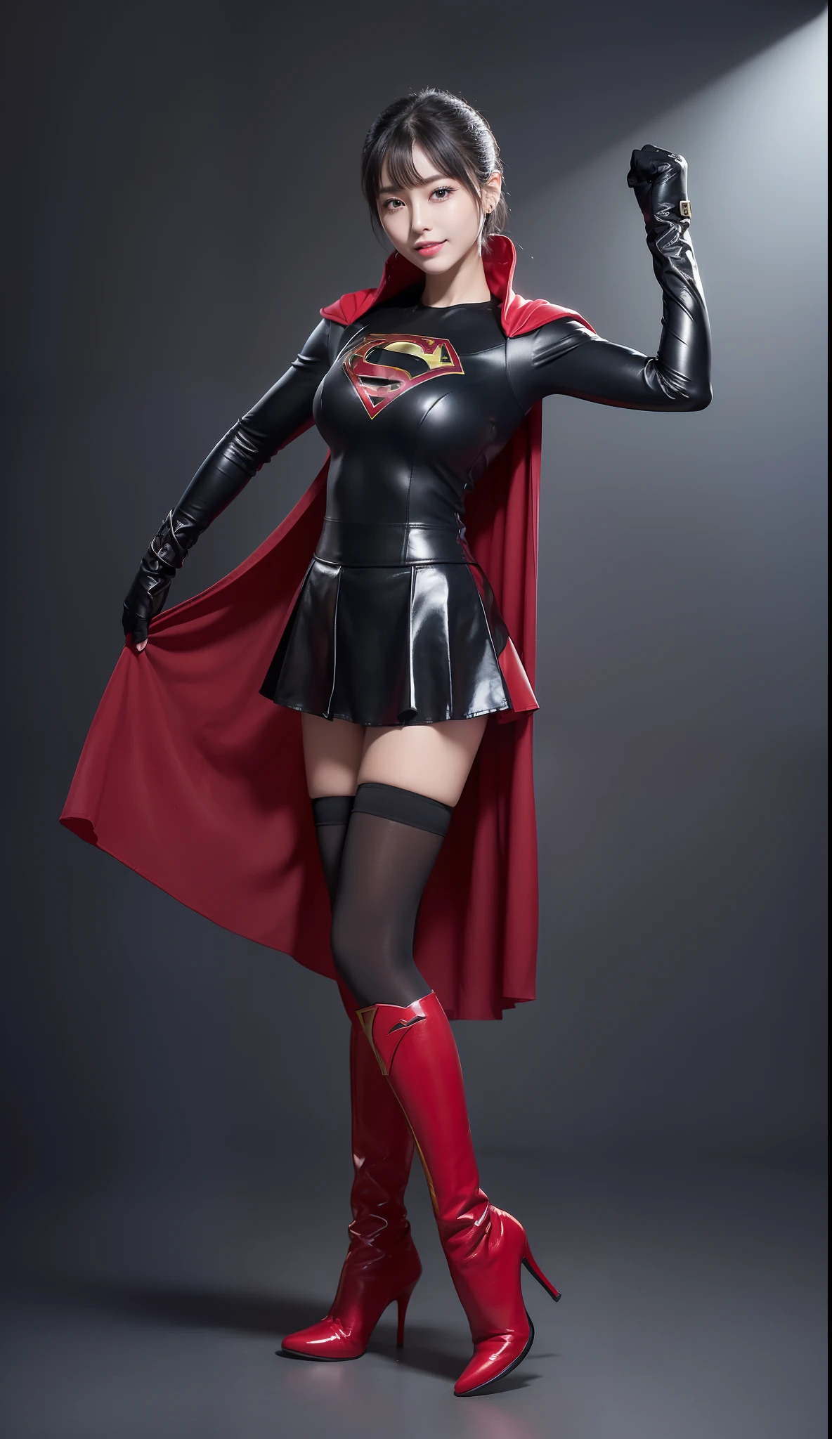 (((Be sure to wear black tights)))、(((Keep your background simple)))、(((Make the most of the original image)))、(((Supergirl Costume)))、(((shiny short hair)))、(((Suffering)))、(((Feet must necessarily be worn with black tights)))、(((Smile)))、(((You need to wear red boots)))、((Top image quality、8K))、((top-quality、8K、​masterpiece:1.3))、(((Keep your background simple)))、Crisp focus:1.2、Beautiful woman with perfect body shape:1.4、Slender Abs:1.2、((layers-Cut、large boob:1.2))、a wet body:1.5、Highly detailed facial and skin texture、