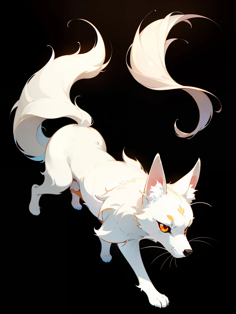 (best quality,ultra-detailed),(anime style),(vivid colors:1.1),(bokeh:1.1),artistic,tail up,carefully drawn,soft texture,striking contrast,elegant posture,delicate features,adorable expression,charming gaze,playful demeanor,endearing,mesmerizing,subtle shadowing,subdued lighting,attention to detail,highly defined whiskers,sleek and smooth fur,pure color palette,glossy finish,full body,simple composition,sublime simplicity,depth and dimension,exquisite beauty,emotive and captivating,A cute medium white fox in the black background,red eyes,white fur,full body,no background,medium,