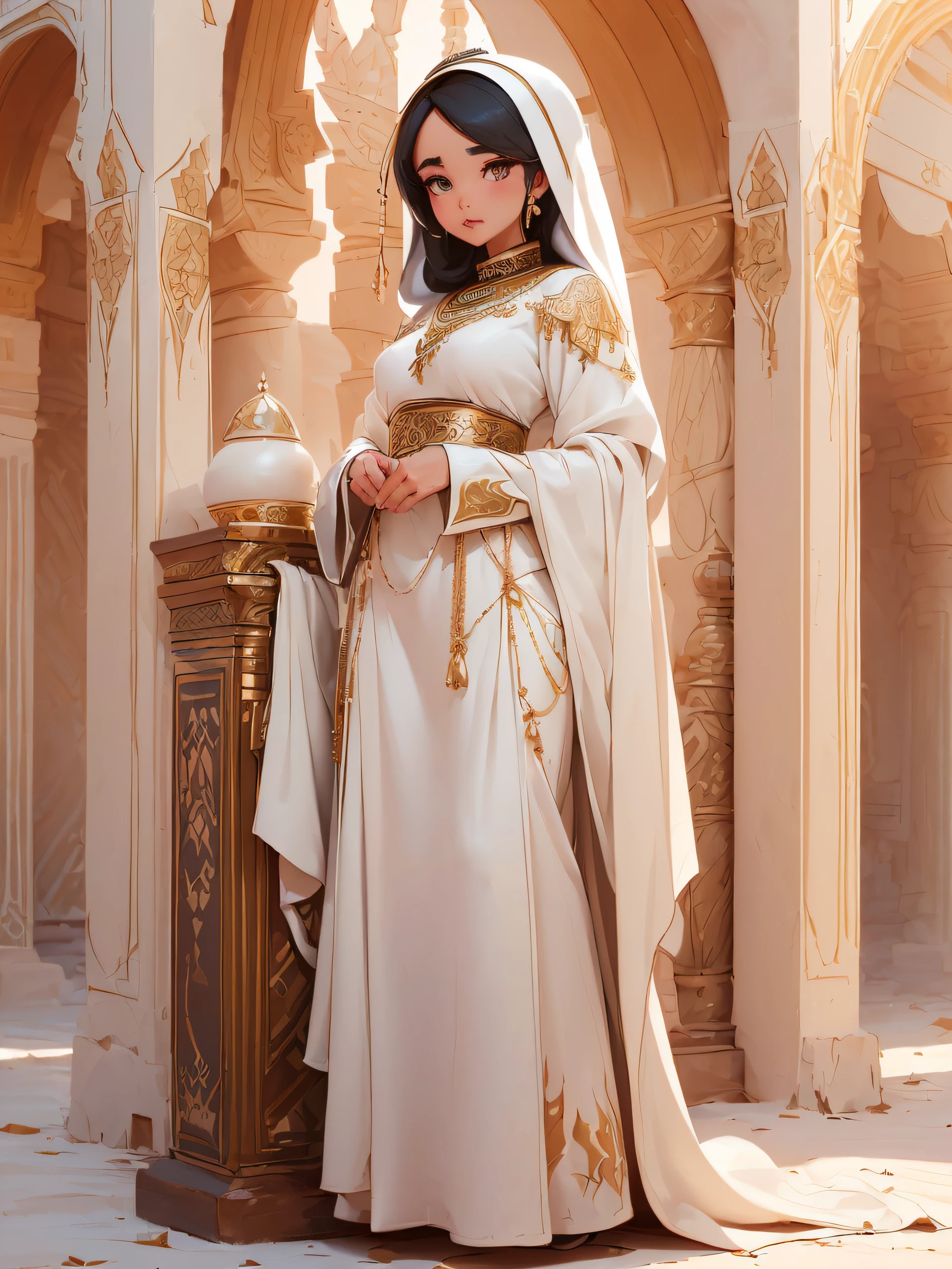 ((a beautiful kuwaitian woman dress in a traditional dress called Abaya)), ((she is standing at a traditional old white desert building)), ((the abaya dress is decorative with shinning jewelries)), capture the scene and her surroundings, high quality, best quality, best lighting effects, 8K, HD