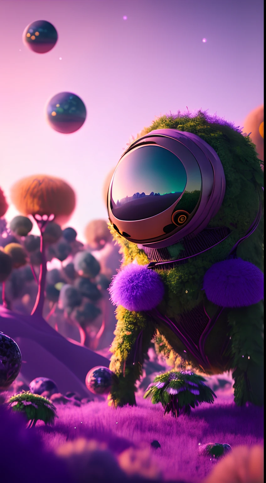 Alien worlds with vivid plants, Strange creatures, Astronaut expedition from Earth, realisitic, films, 8K.
A pale purple fluffy furry animal waddling through the forest of a fantastical alien planet.