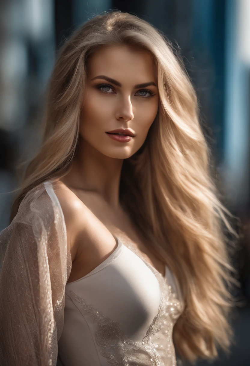 Gorgeous woman with extra long, gewellten blonden Haaren, detailed seductive eyes, langen sexy Beinen, wears a mini skirt, T-Shirt, ((detailed facial features)), (fein detaillierte Haut), blasse Haut, realistische Hauttextur, extreme Hautdetails, (Poren: 0,1), in the background beautiful futuristic cyberpunk city, Masterpiece of the best quality, fotorealistisch, hyperrealistisch, detailliert, 8k, HDR, (Weiche Farbe: 1,2), light depth of field, breites Licht, hoher Kontrast, Hintergrundbeleuchtung, Bloom, Lichtfunkeln, chromatische Aberration, scharfer Fokus, RAW-Farbfoto