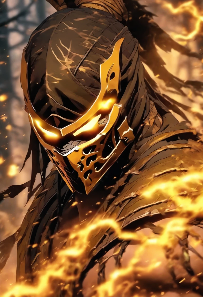 Mortal Kombat Scorpion, white eyes, classic mask, movie 1995, comes out of the forest in the fog, atmosphere of darkness and horror, in the style of illusory portraits, modular, uhd, --ar 71:118 --s 750 --niji 5
